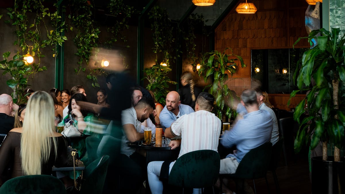 Soko's low lighting, indoor restaurant filled with greenery.