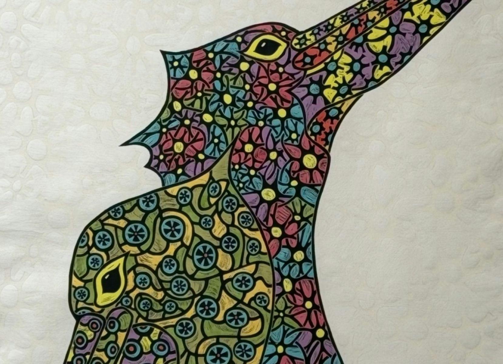 'Decorated Pelicans' (detail) two interlocking blocks with handcolouring