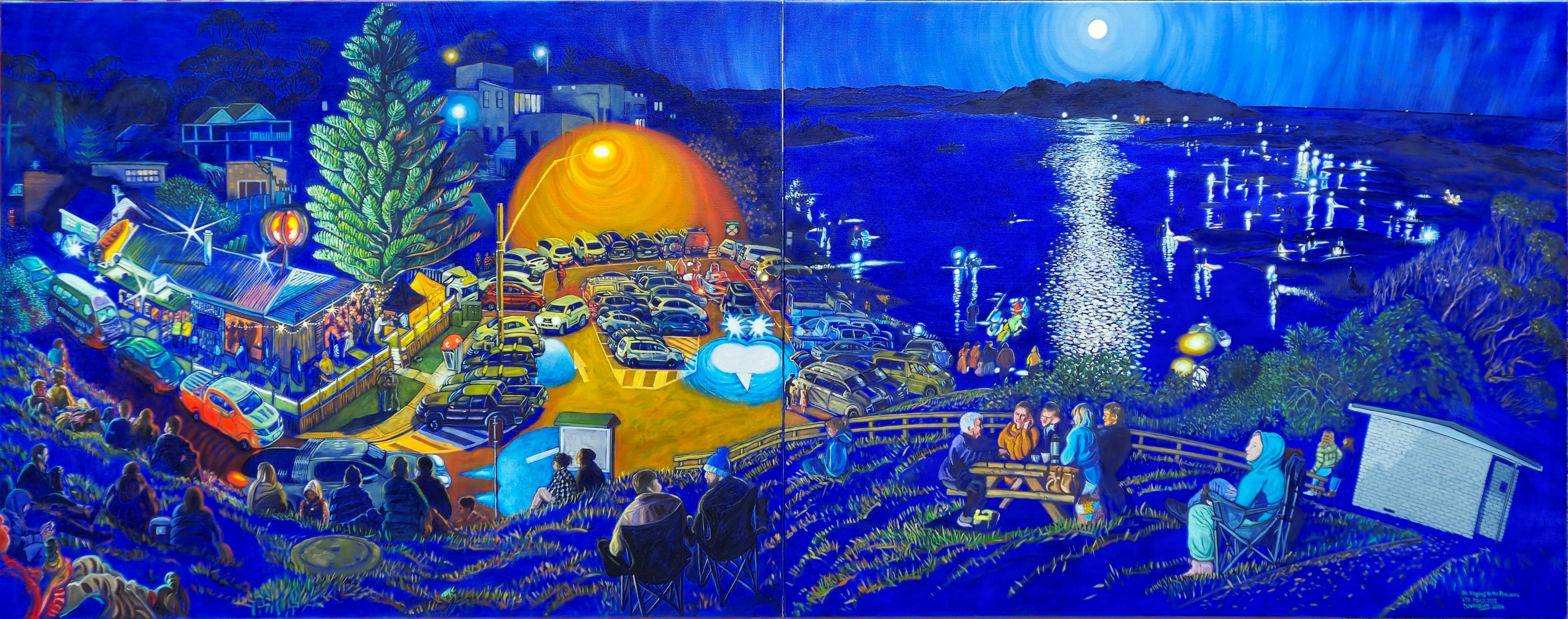 Micael Donnelly Paul Kelly Singing to the Prawners (detail) Oil on Linen, Diptych, 96.5x245 cm, 2024