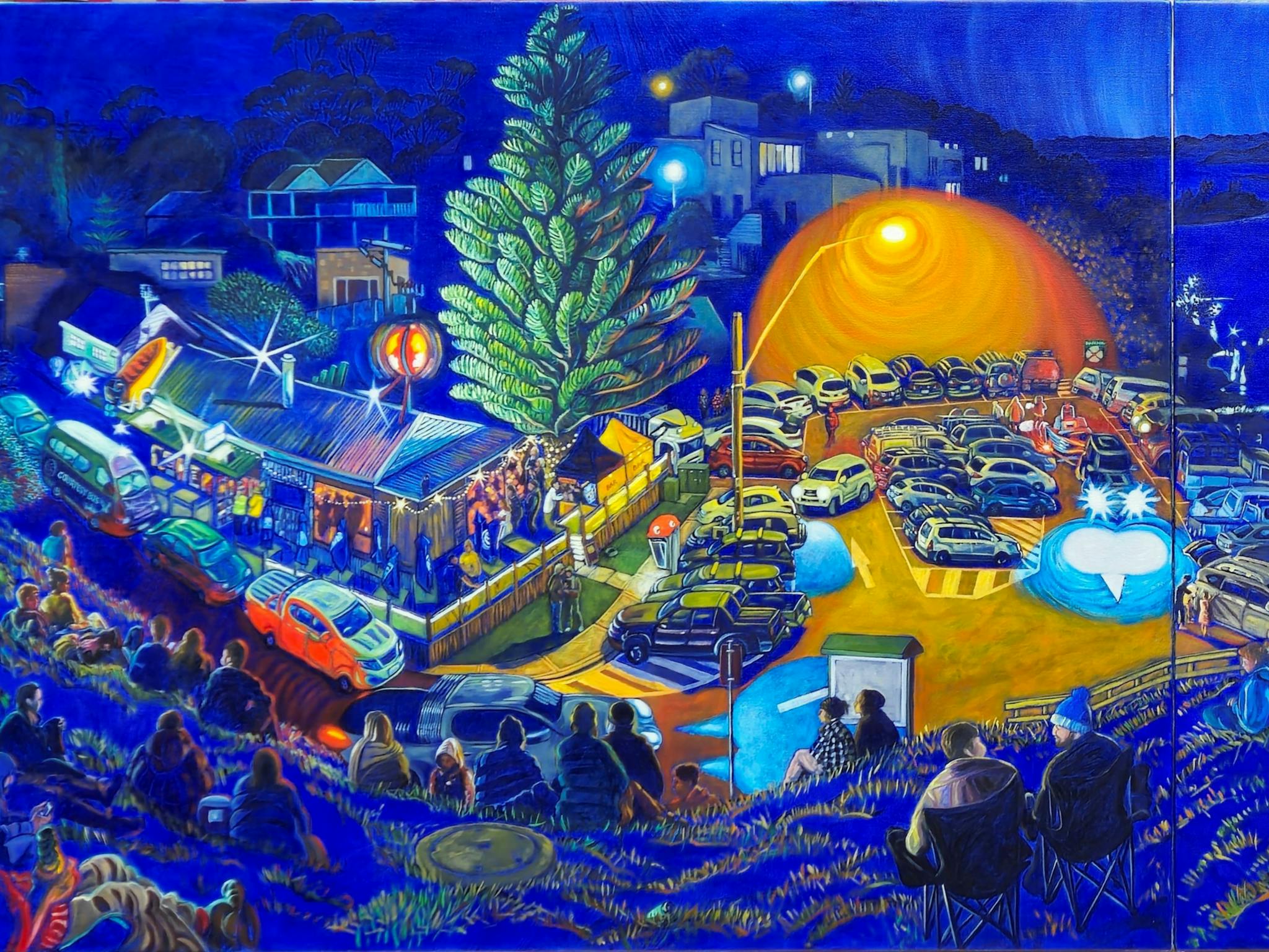 Micael Donnelly Paul Kelly Singing to the Prawners (detail) Oil on Linen, Diptych, 96.5x245 cm, 2024