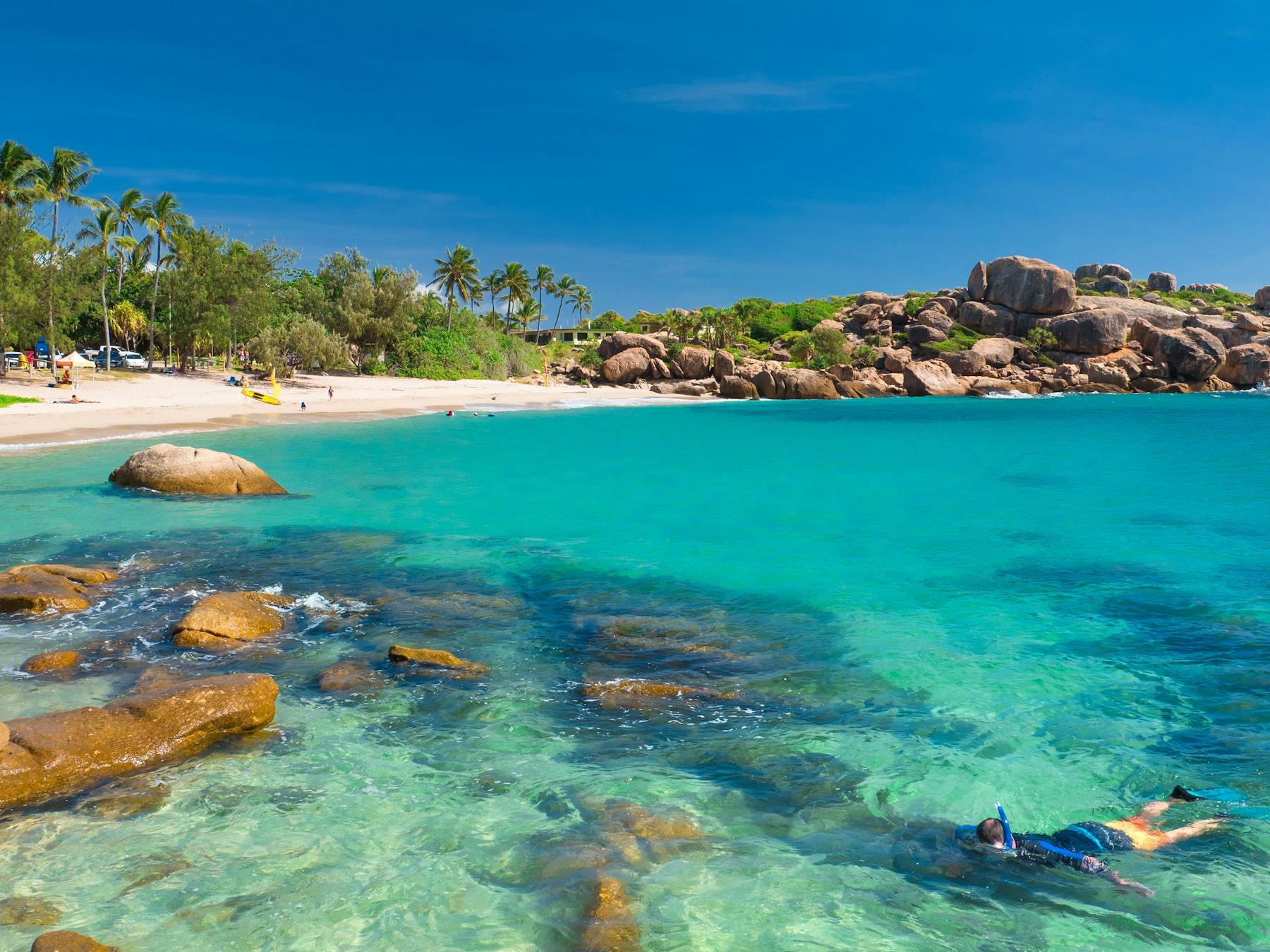 Person snorkelling in protected bay with sandy beach and palm trees