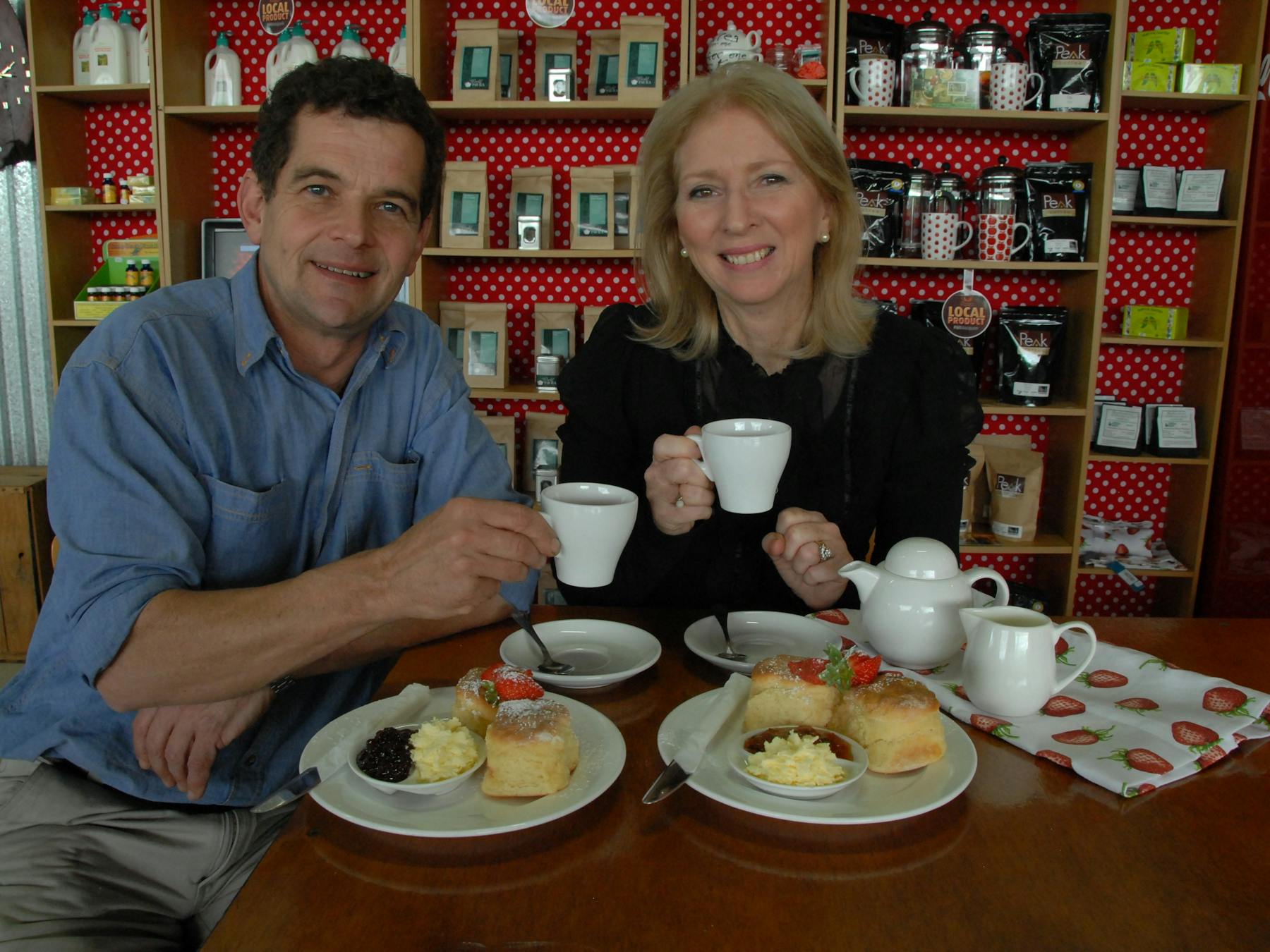 Devonshire Tea with farmhouse scones, farm-fresh strawberries & cream, and cakes and barista coffee