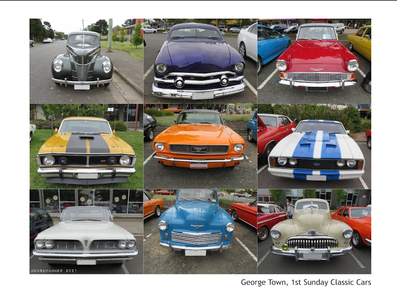 A front view grid of nine classic cars
