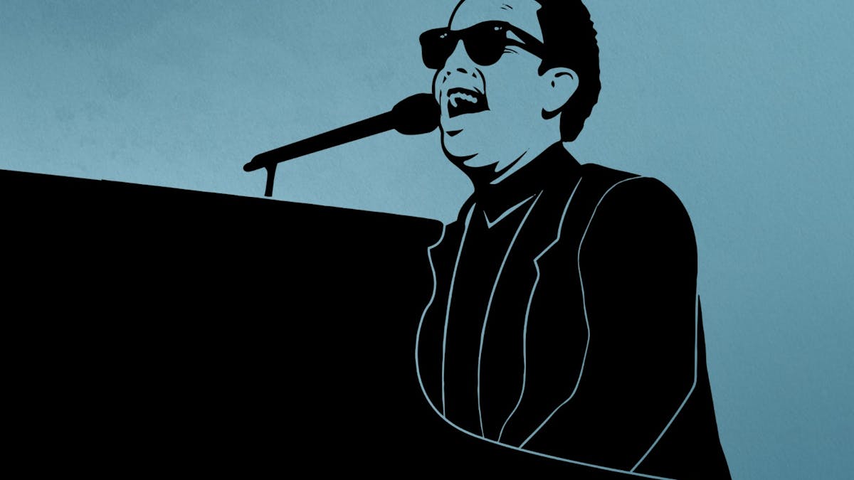 A graphic depiction of Billy Joel singing and playing the piano