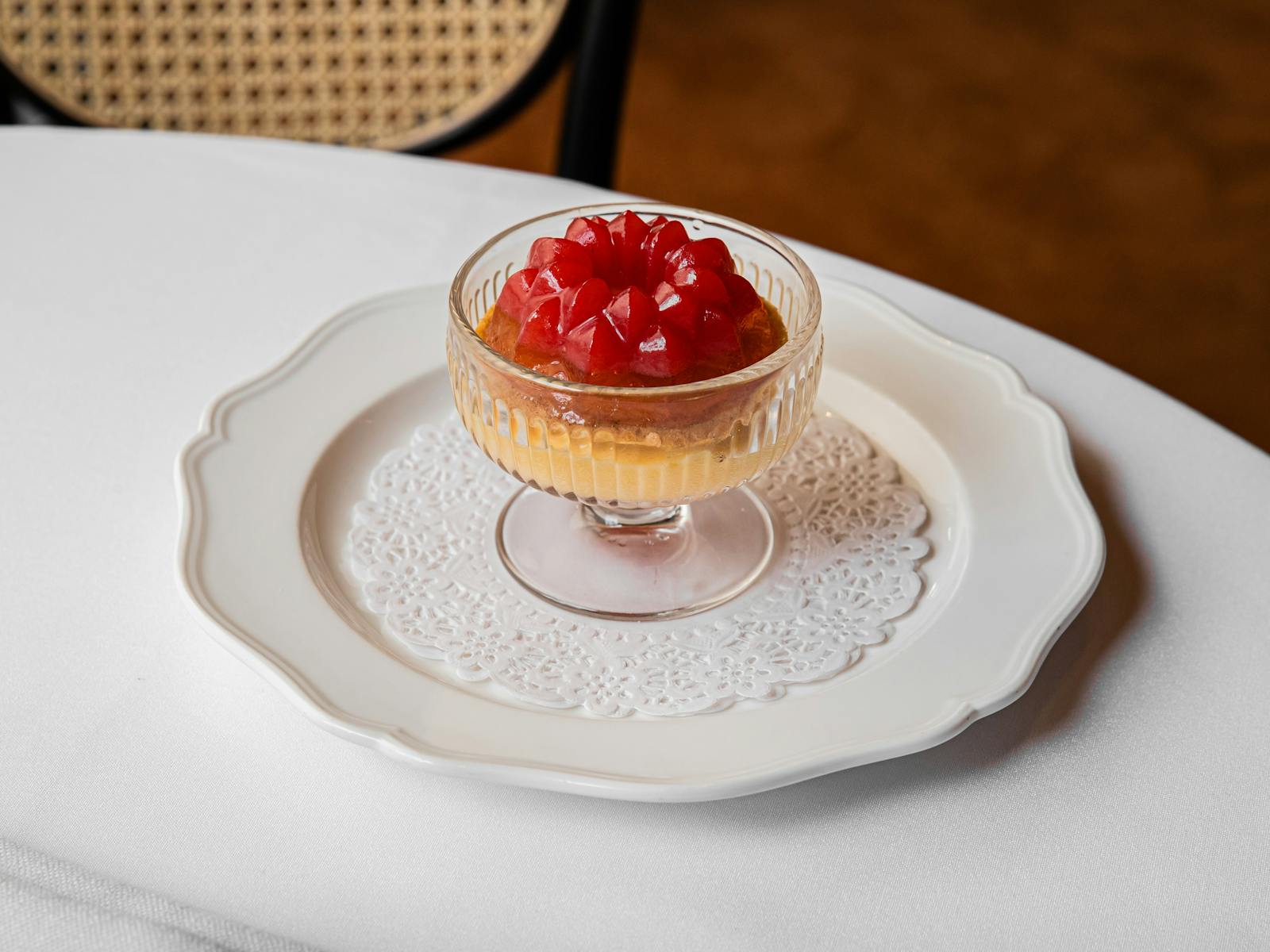 Strawberry and Champagne jelly, strawberry compote, Champagne cream at Ursula's Paddington