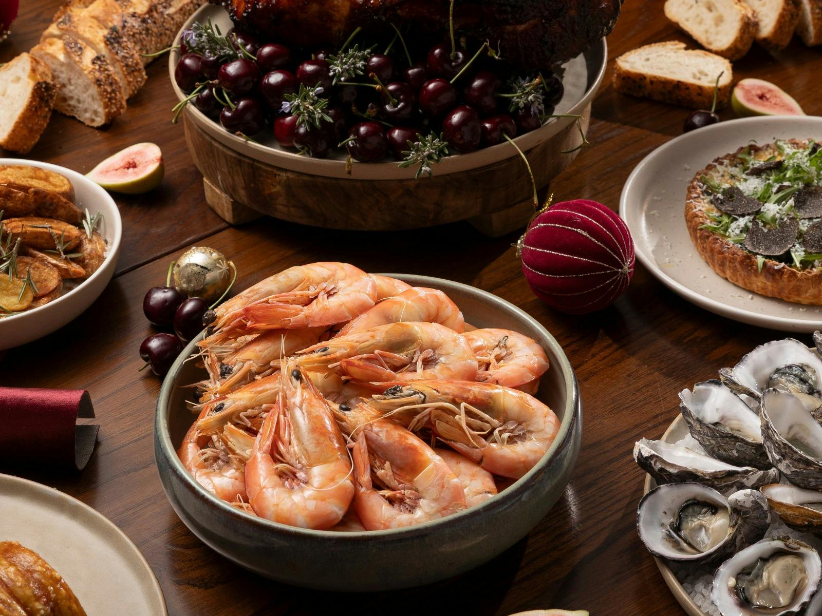 Buffet dinner spread with fresh local seafood