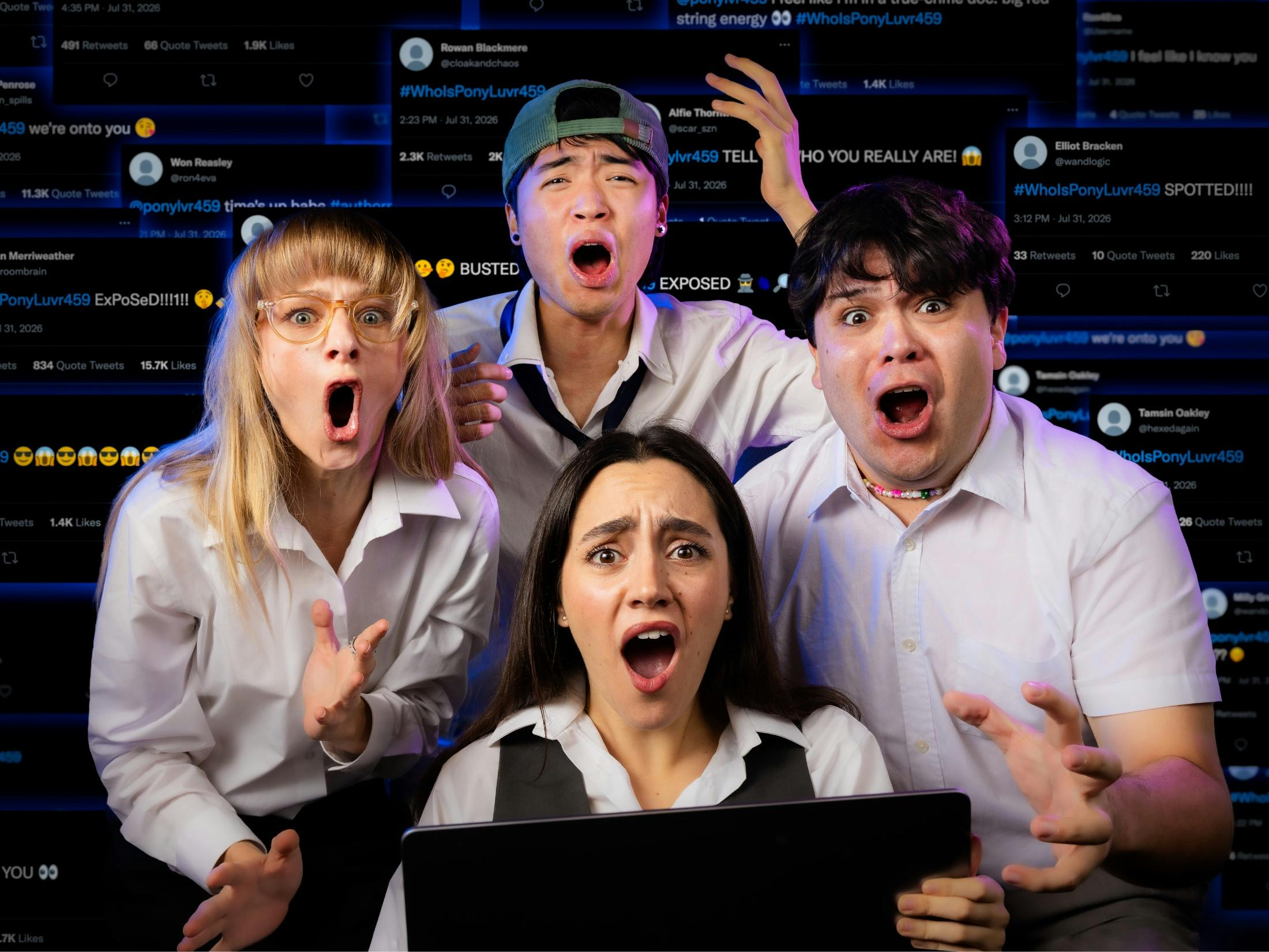 Group of teenagers looking into the camera in panic