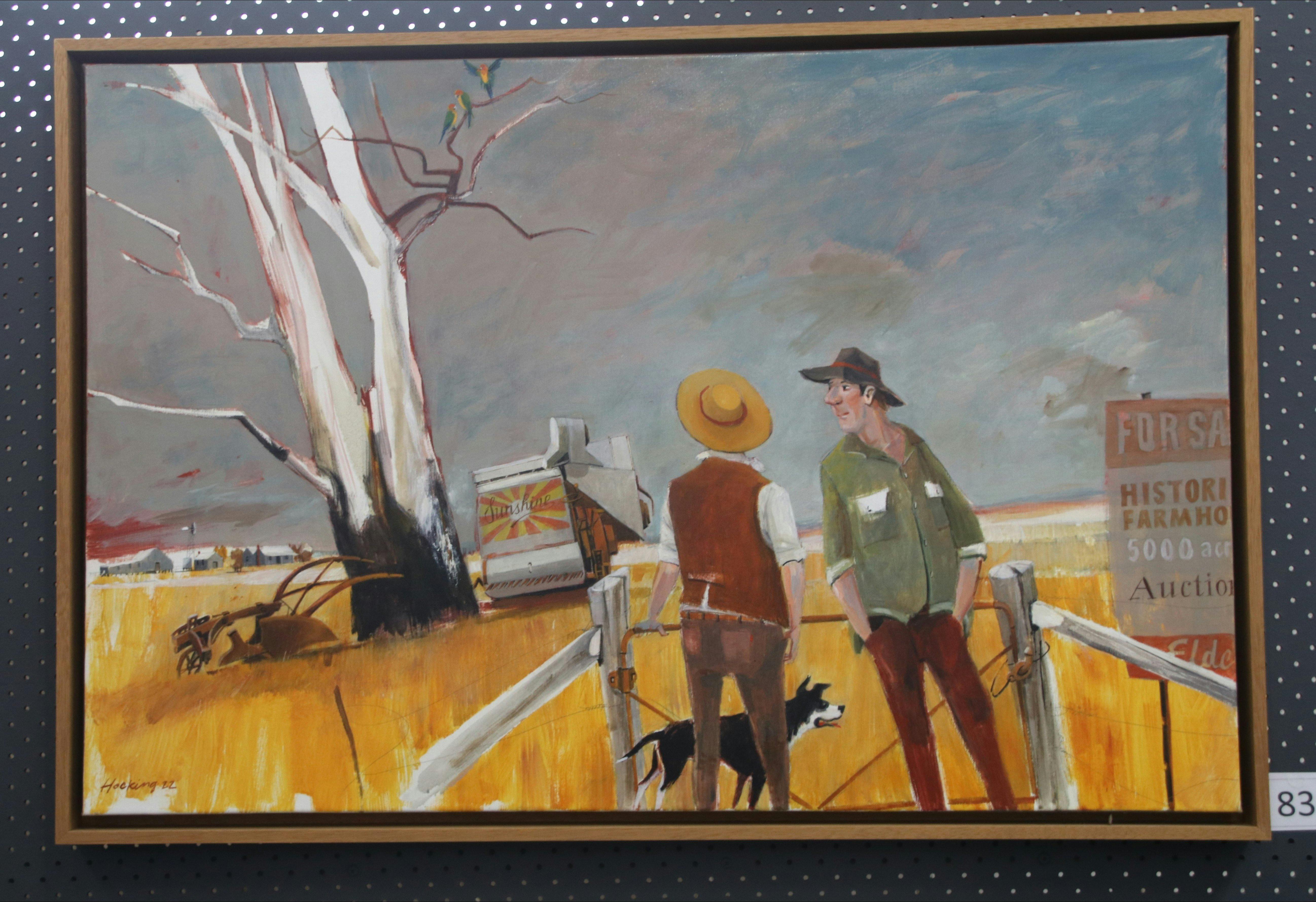 Painting of two men and a dog in a field