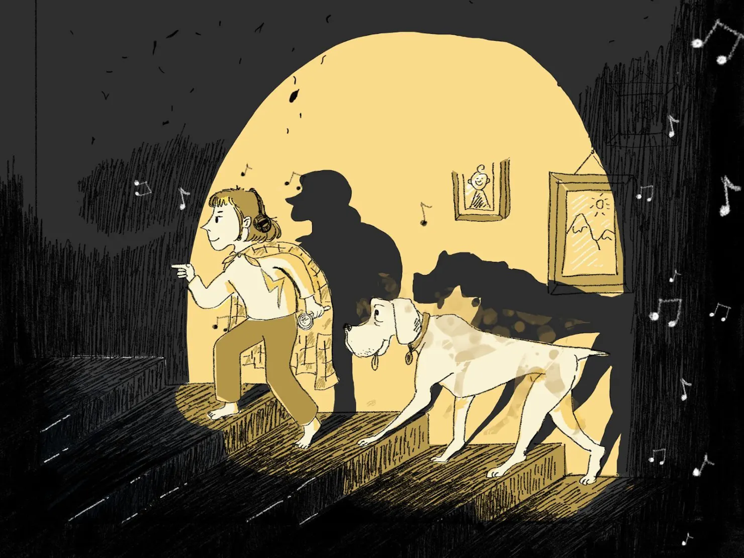 cartoon of young boy with large dog