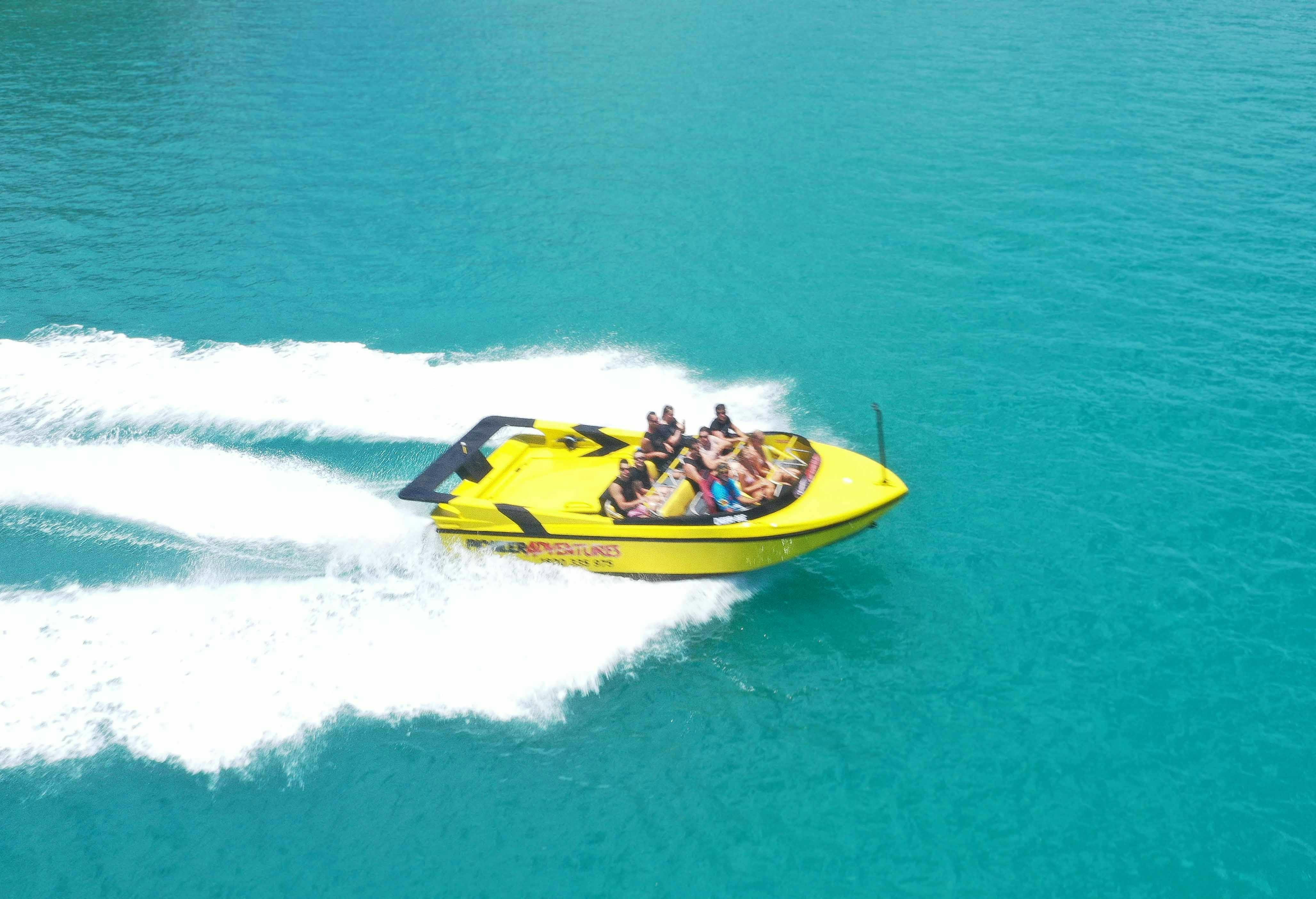 aerial image of jet boat moving at speed