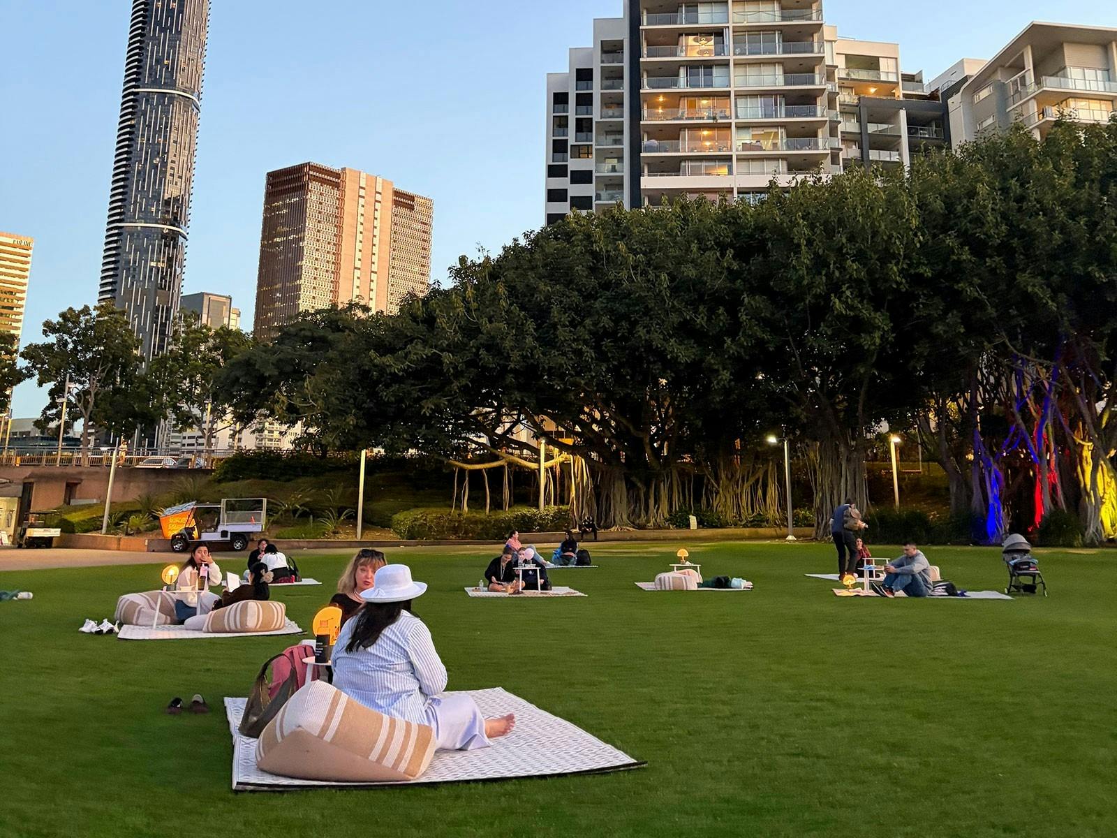People sat on picnic rugs on large lawn space early evening with city and tree backdrop