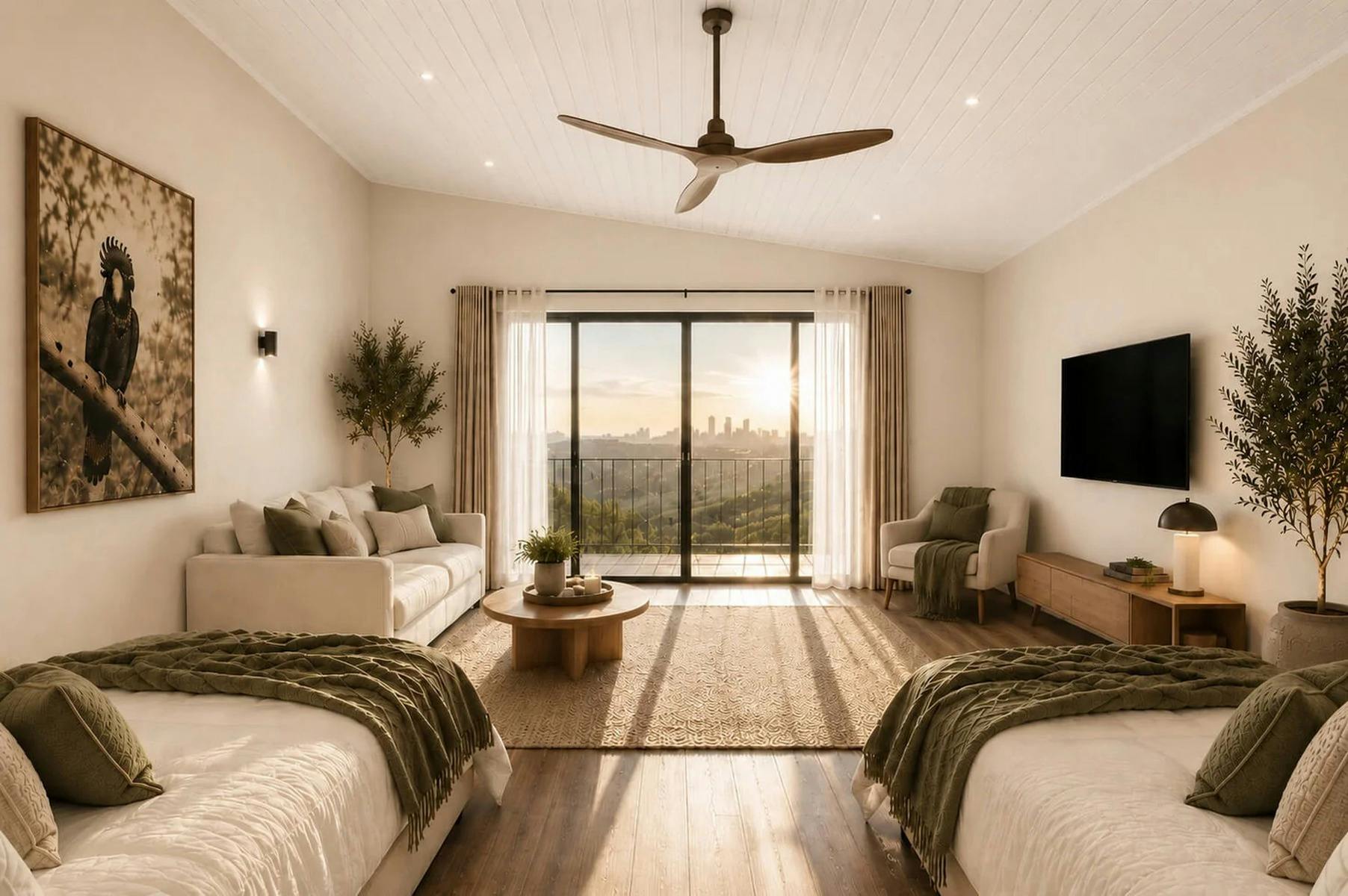 Comfortable, thoughtfully appointed villa accommodation offering beautiful views and space to rest.