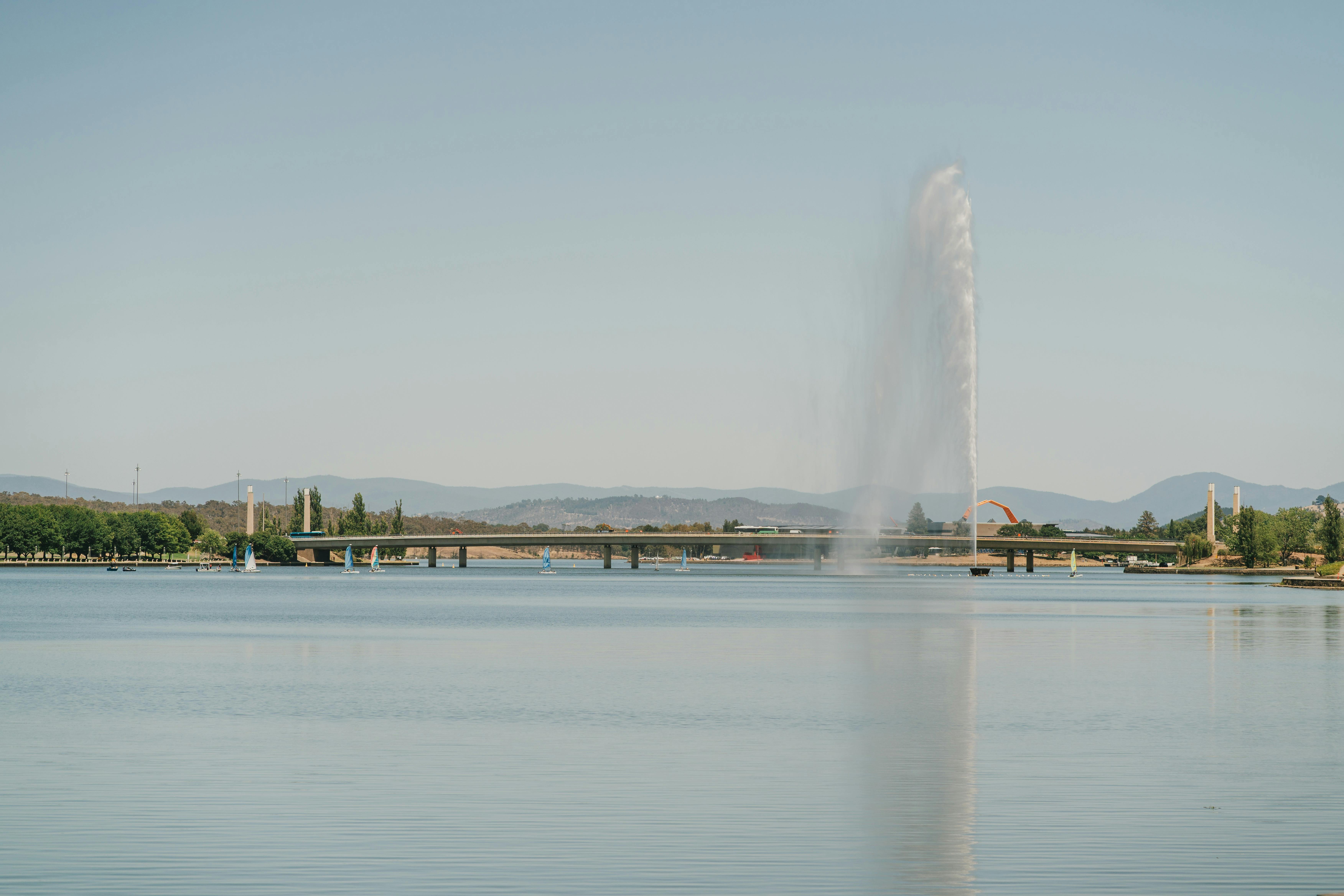 A lake with a fountain
