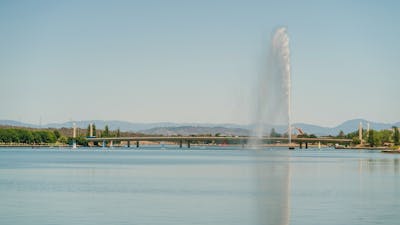 A lake with a fountain