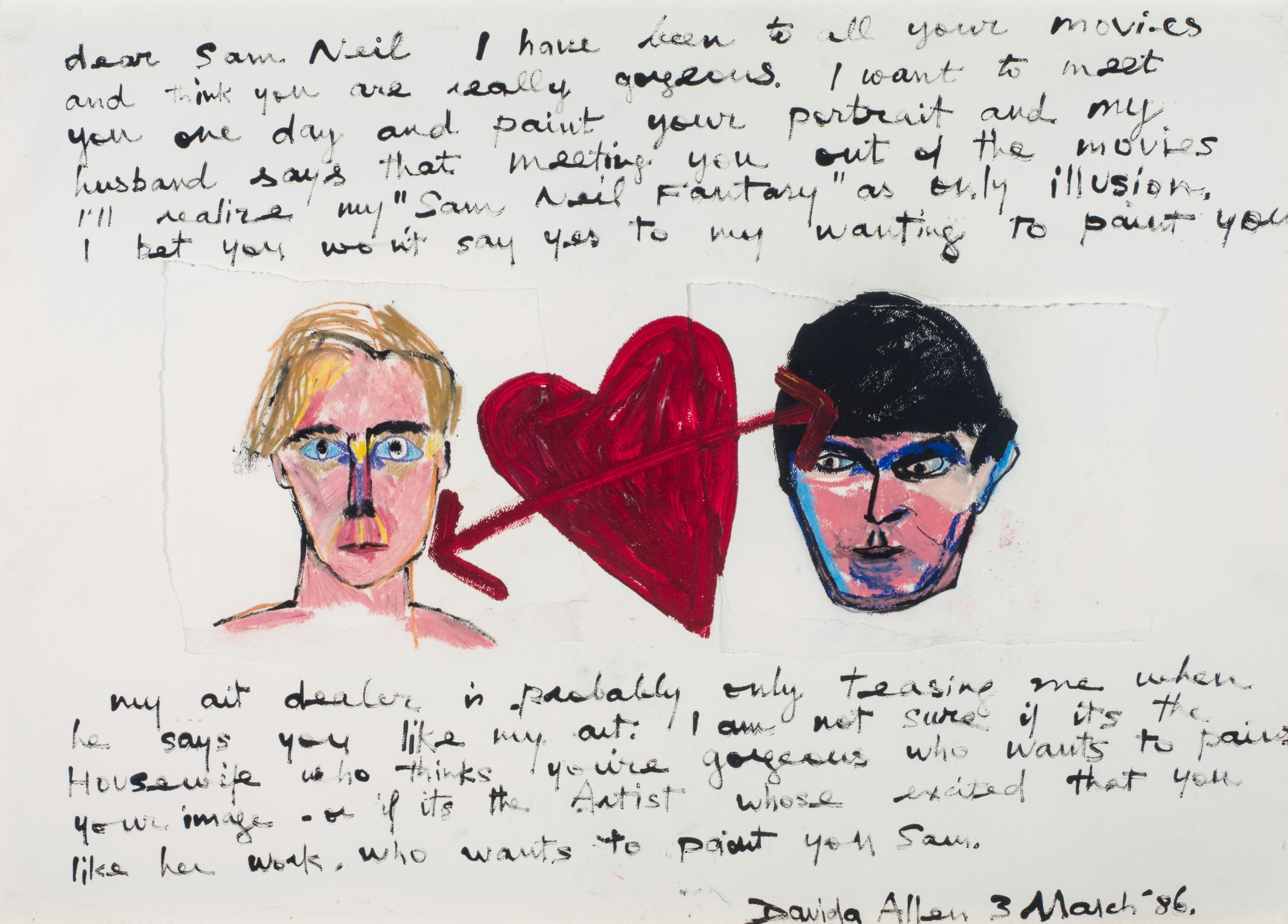 Davida Allen and Sam Neill with a painted red heart and arrows between them.