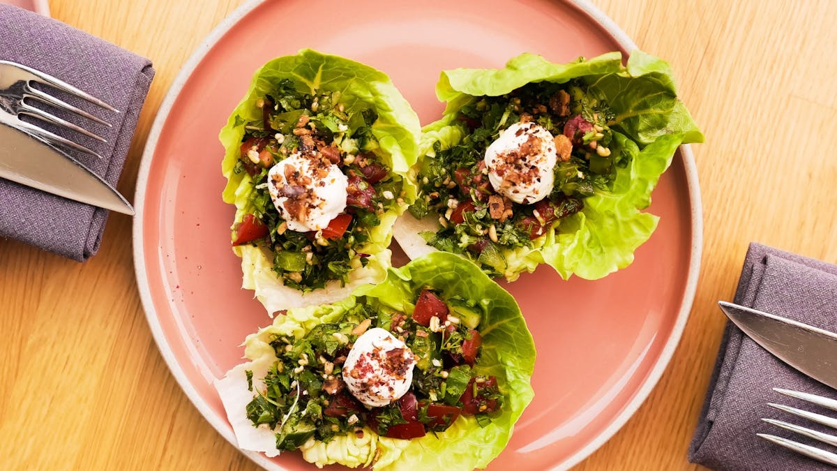 Walnut tabouleh rafts, whipped feta