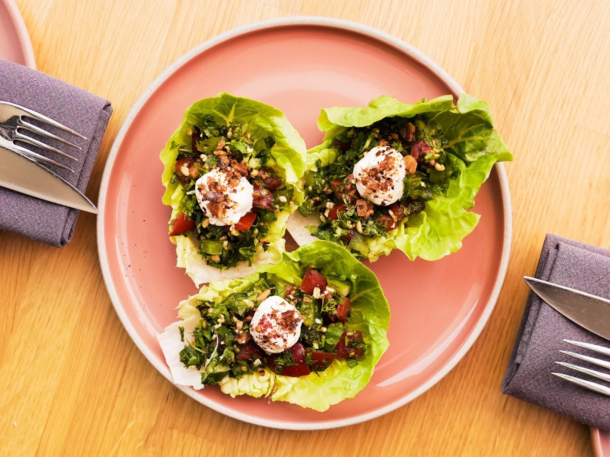 Walnut tabouleh rafts, whipped feta