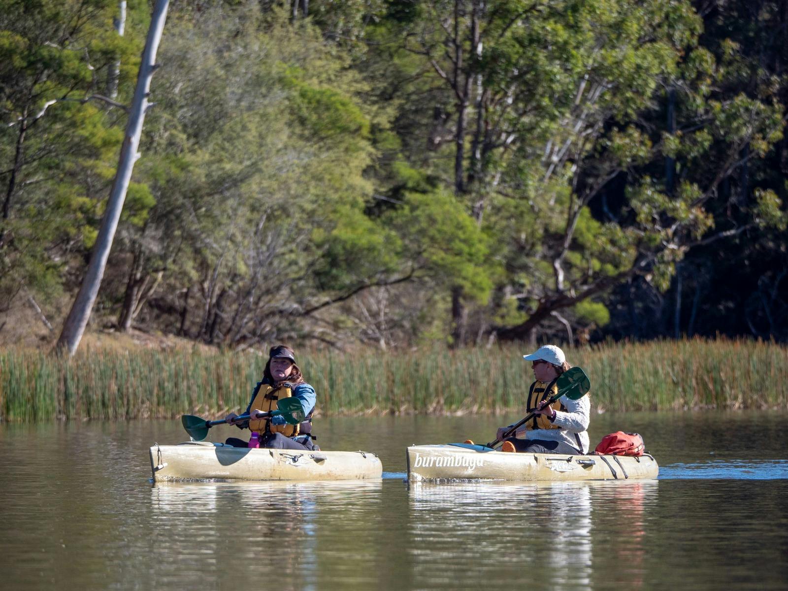 Two kayakers paddling toward camera on Brogo Dam, Wadbilliga National Park and mountains behind.