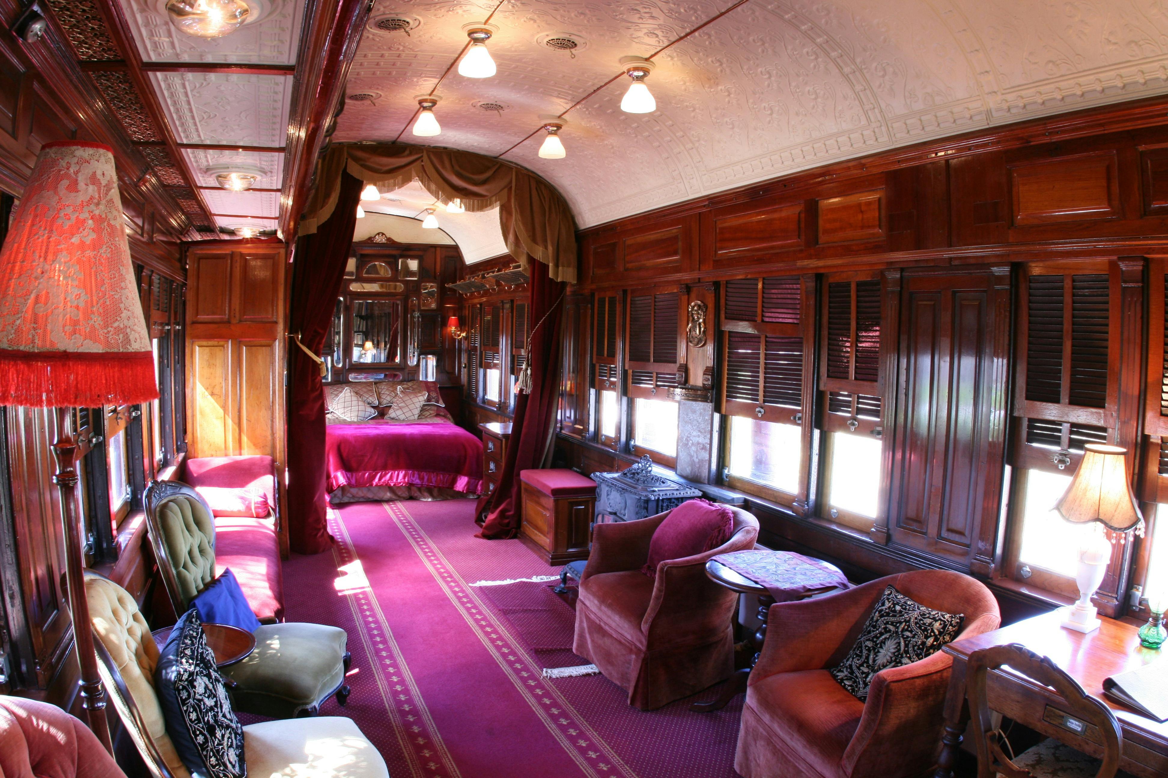 Inside the restored state car train carriage at Ruwenzori Retreat