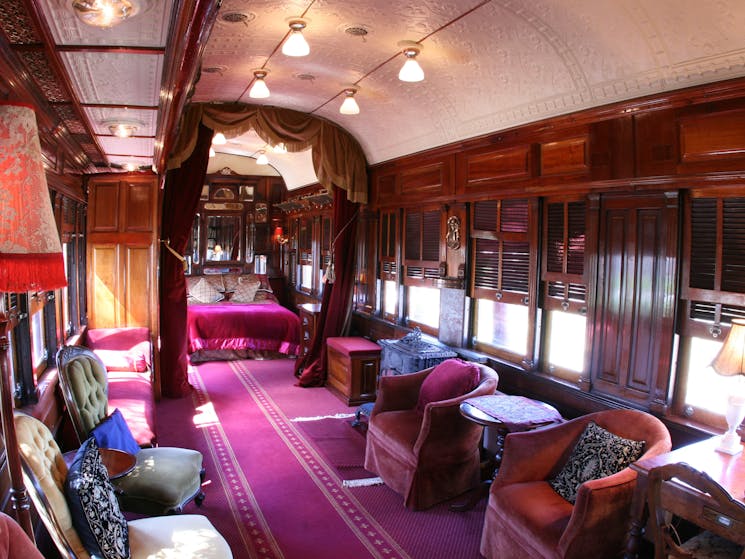 Inside the restored state car train carriage at Ruwenzori Retreat
