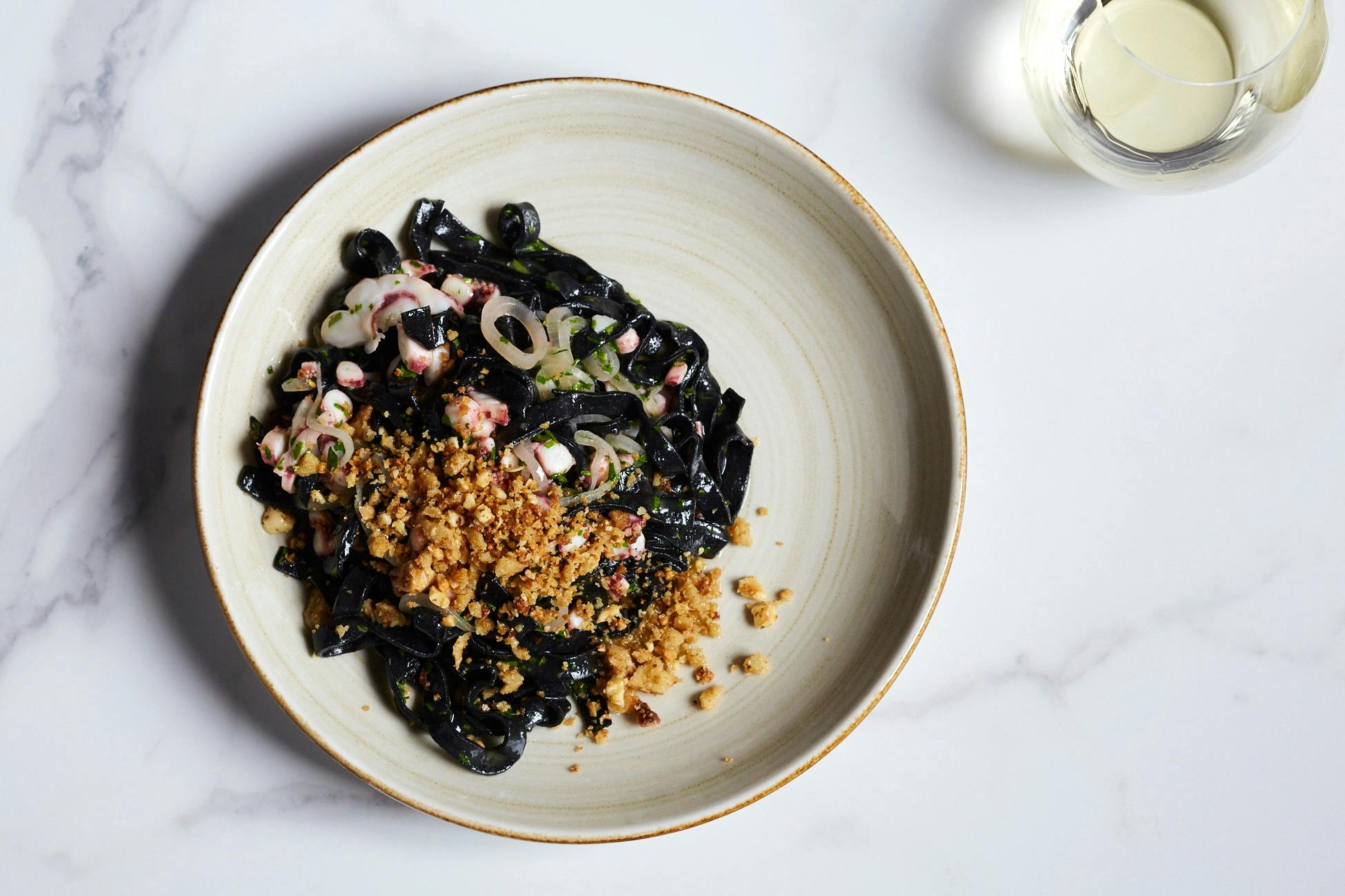 Stelo Squid Ink Pasta and Chardonnay