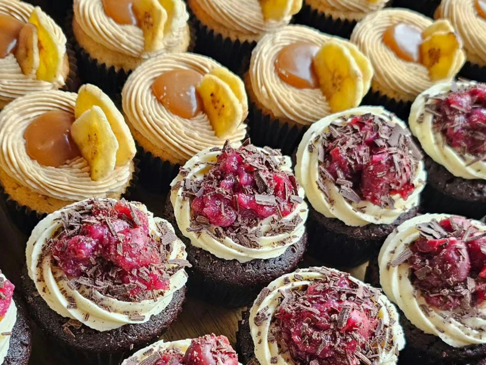 Various beautiful sweet treats in perfect lines.