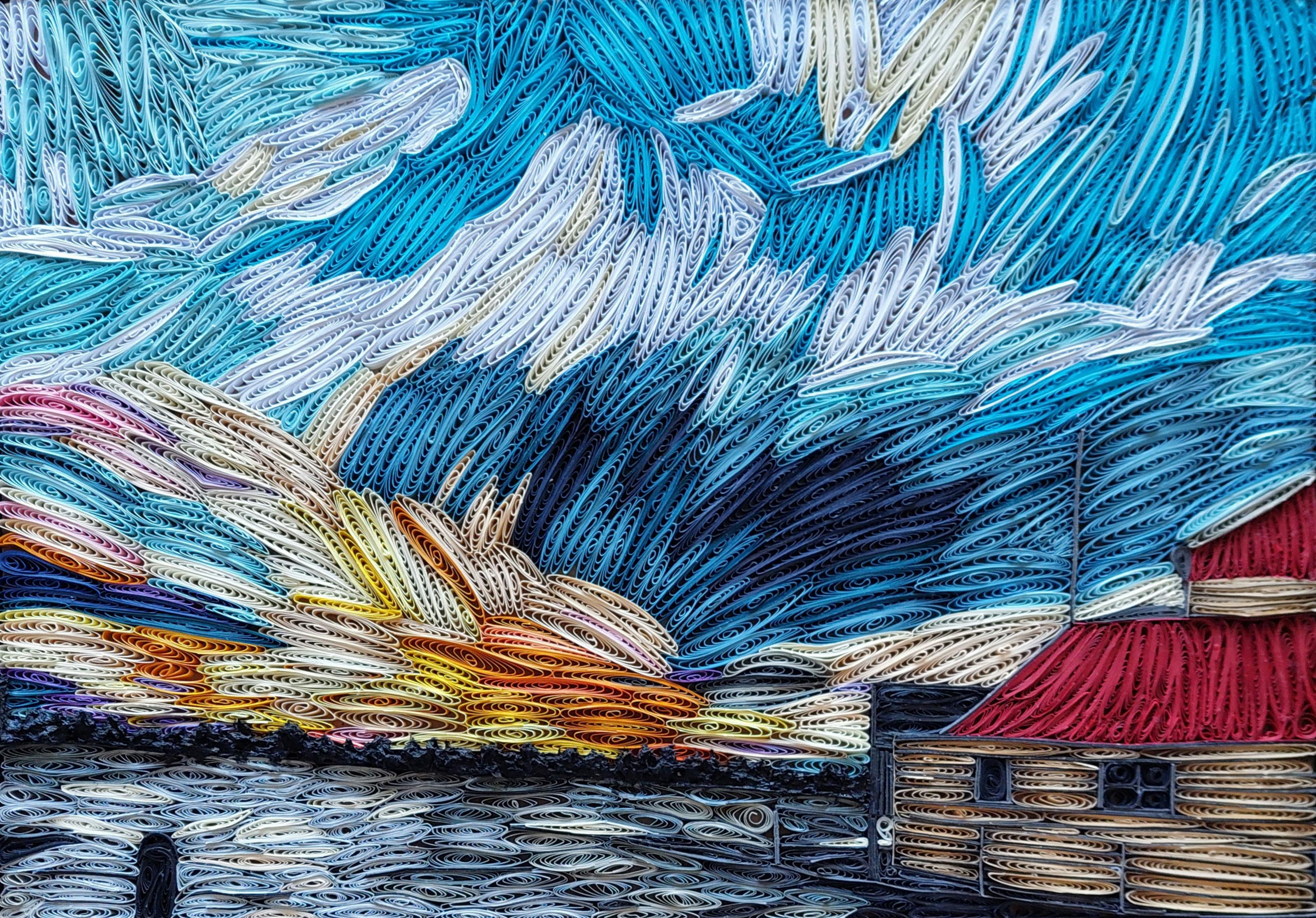 Artwork Landscape of brown house with red roof, a colouful hill with a large sky in shades of blue .