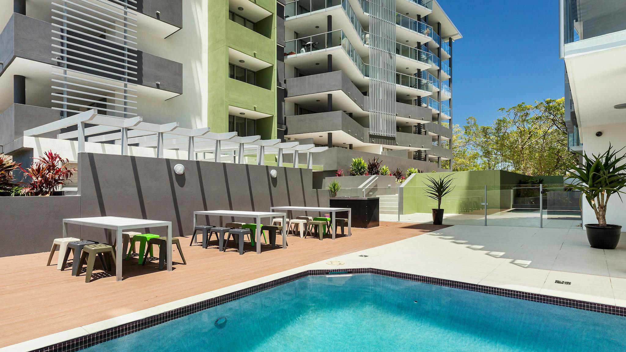 Outdoor swimming pool, with sundeck and BBQ area