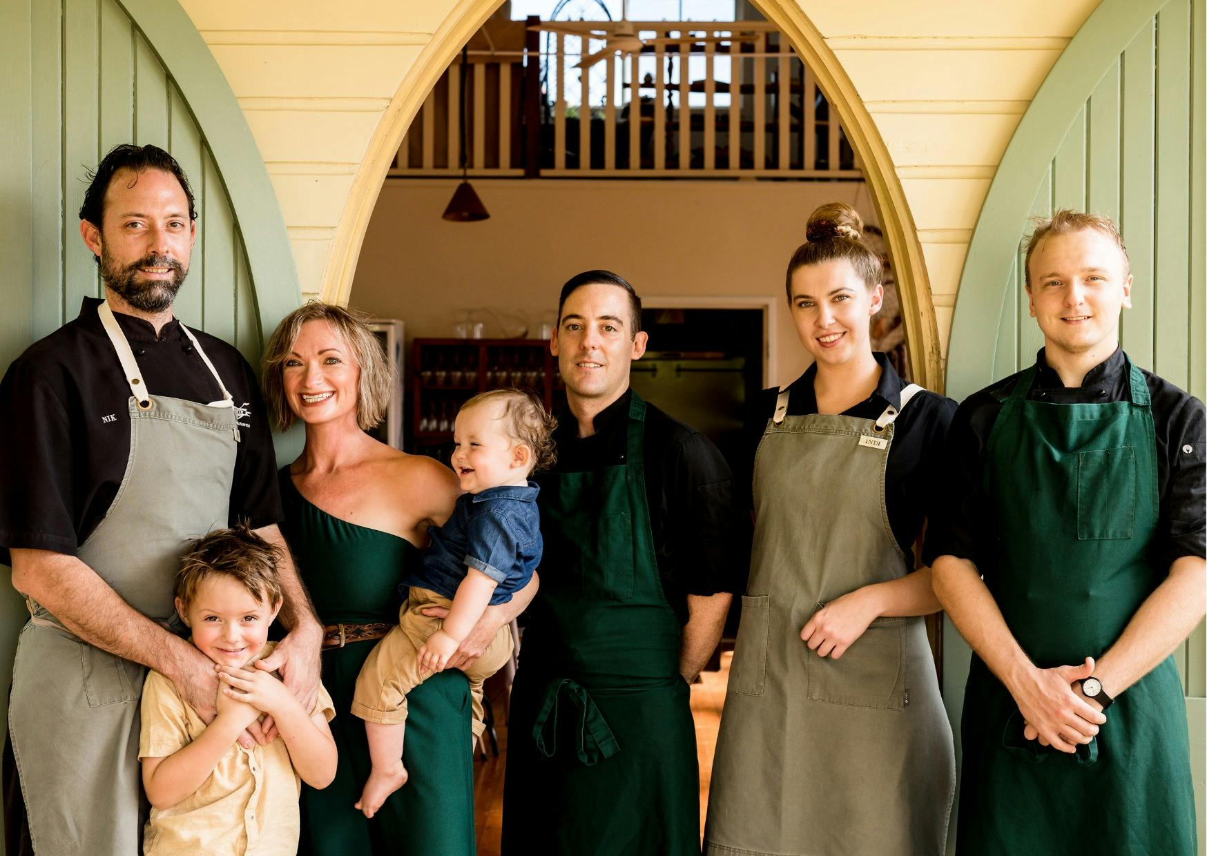 The Original FLACKYARD Family/Team picture. Nik & Em Flack with their 2 kids and 3 team members.