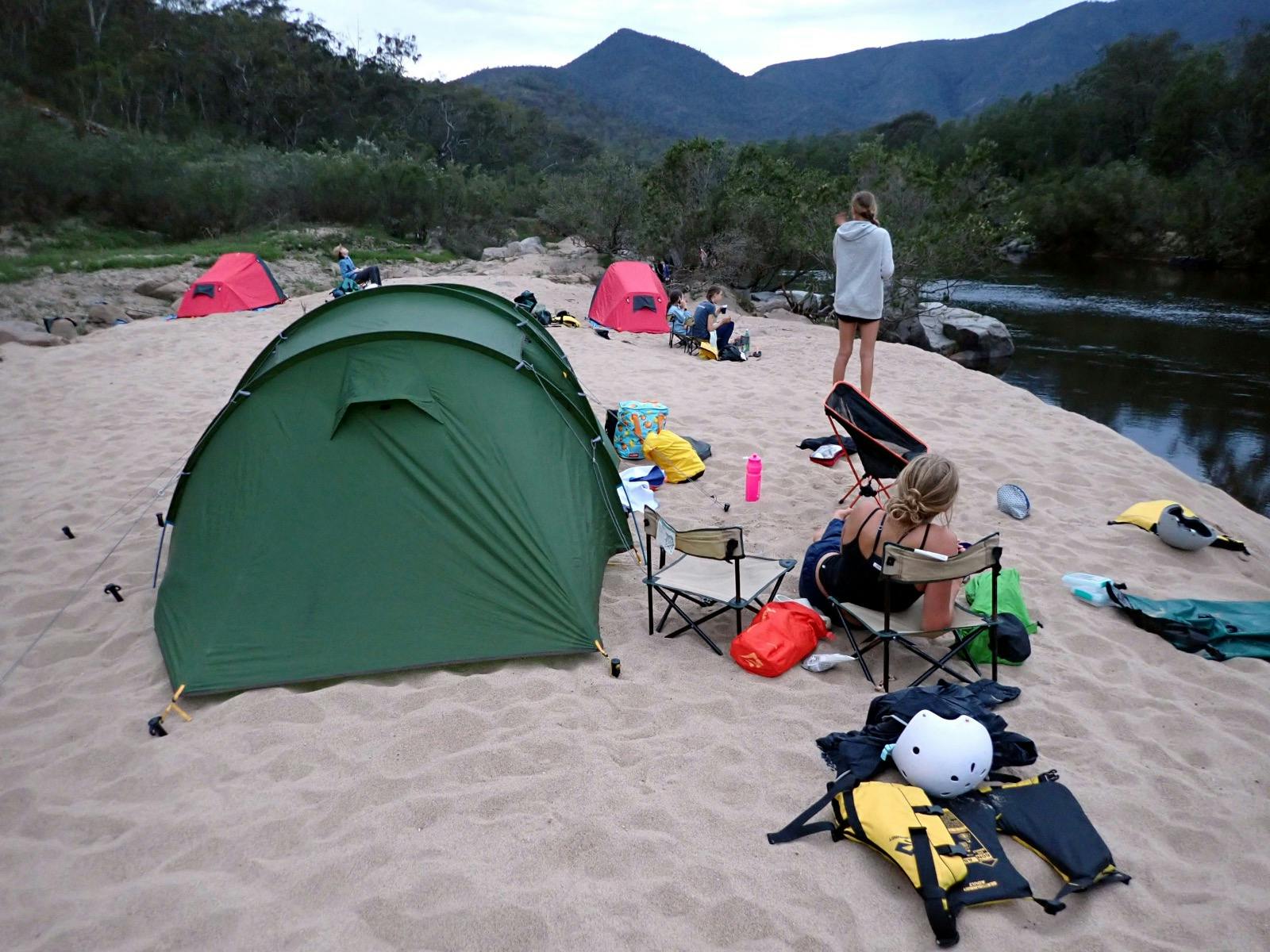 A campsite set up on a remote sandy Snowy River beach