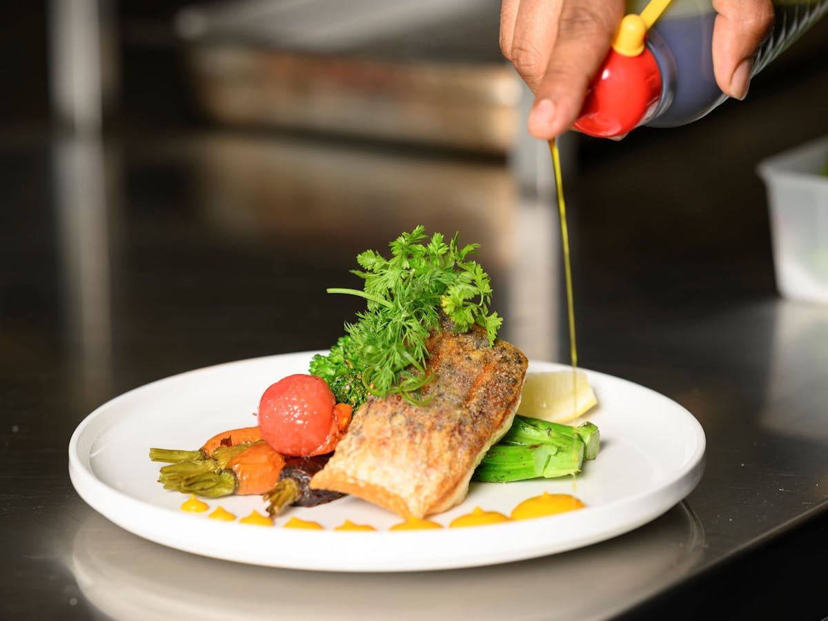 Salmon and vegetables on a plate Salmon and vegetables on a plate