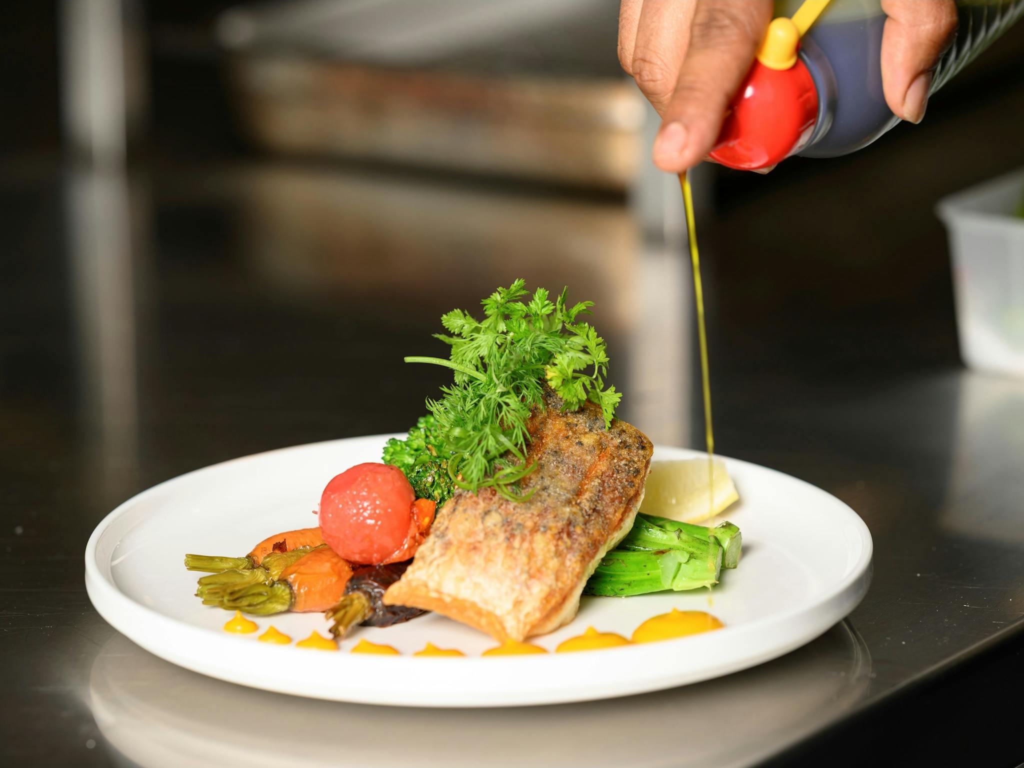 Salmon and vegetables on a plate Salmon and vegetables on a plate
