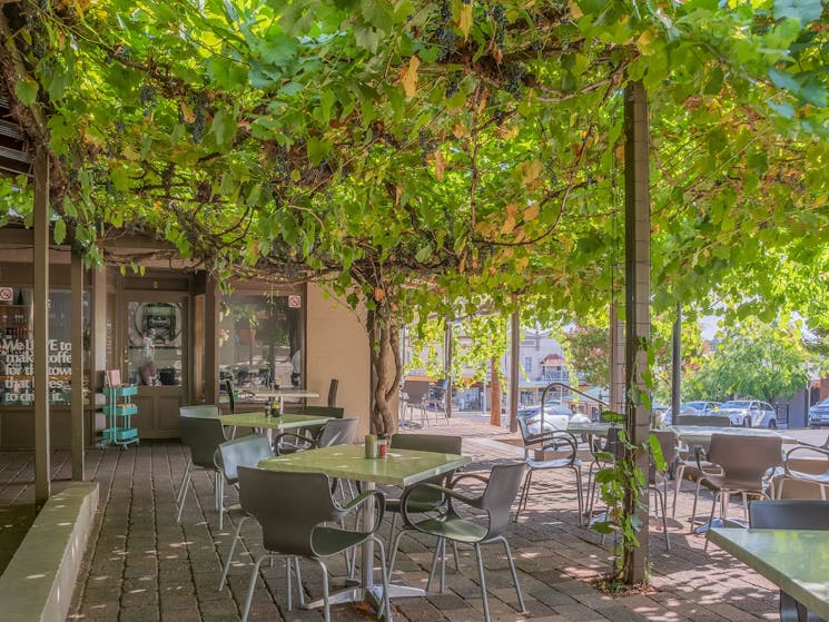 Breakout Brasserie Cafe Cowra outdoor seating under the grapevine