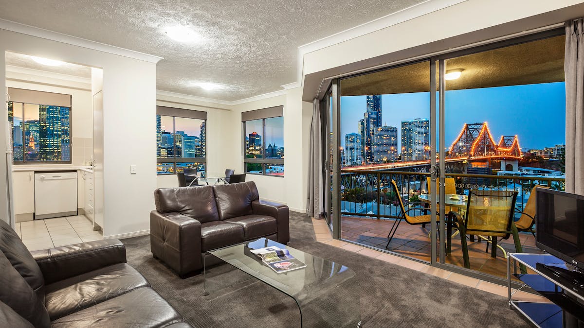 Magnificent view of the story bridge from the lounge of a 2 bedroom Apartment