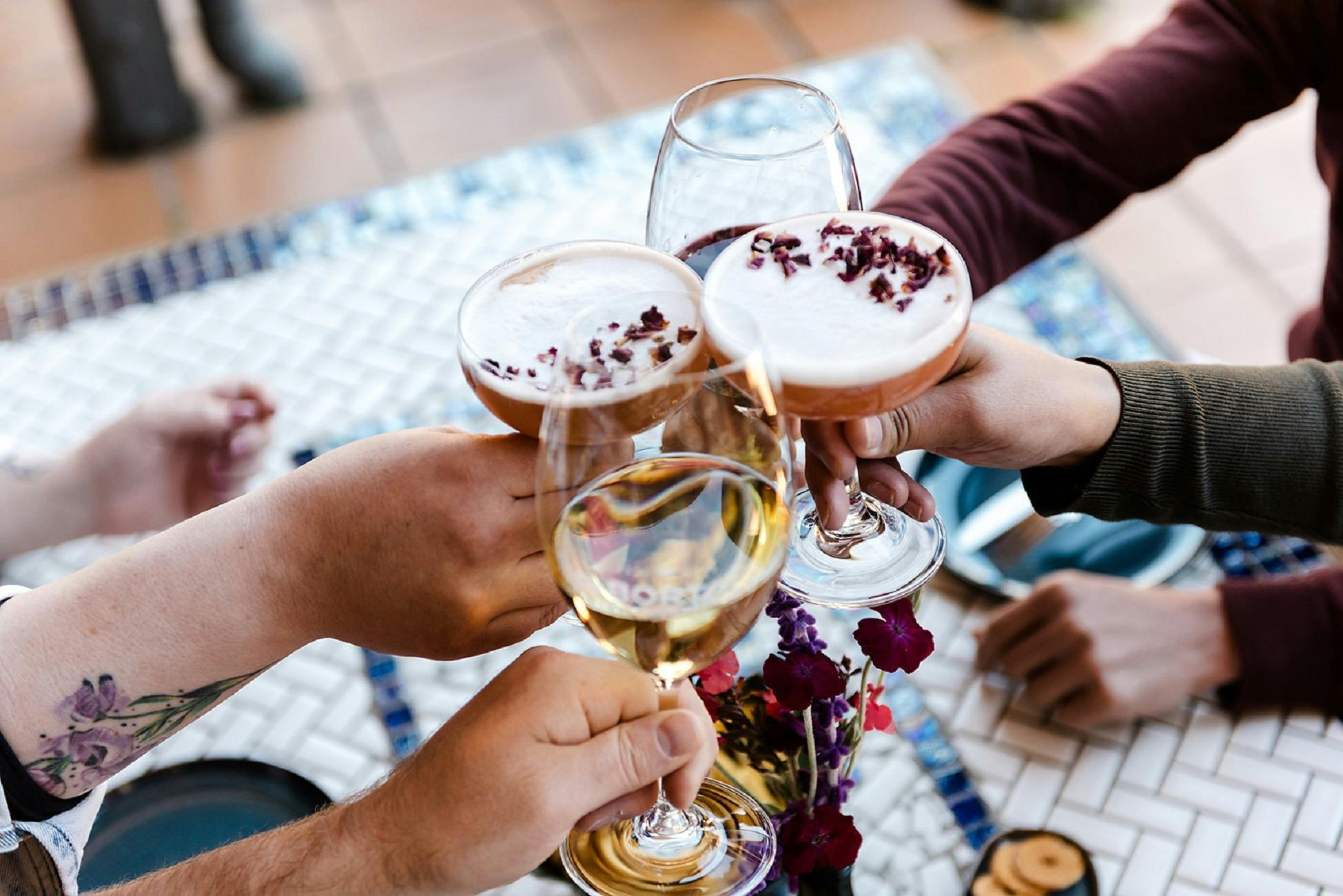 Drinks cheers in courtyard