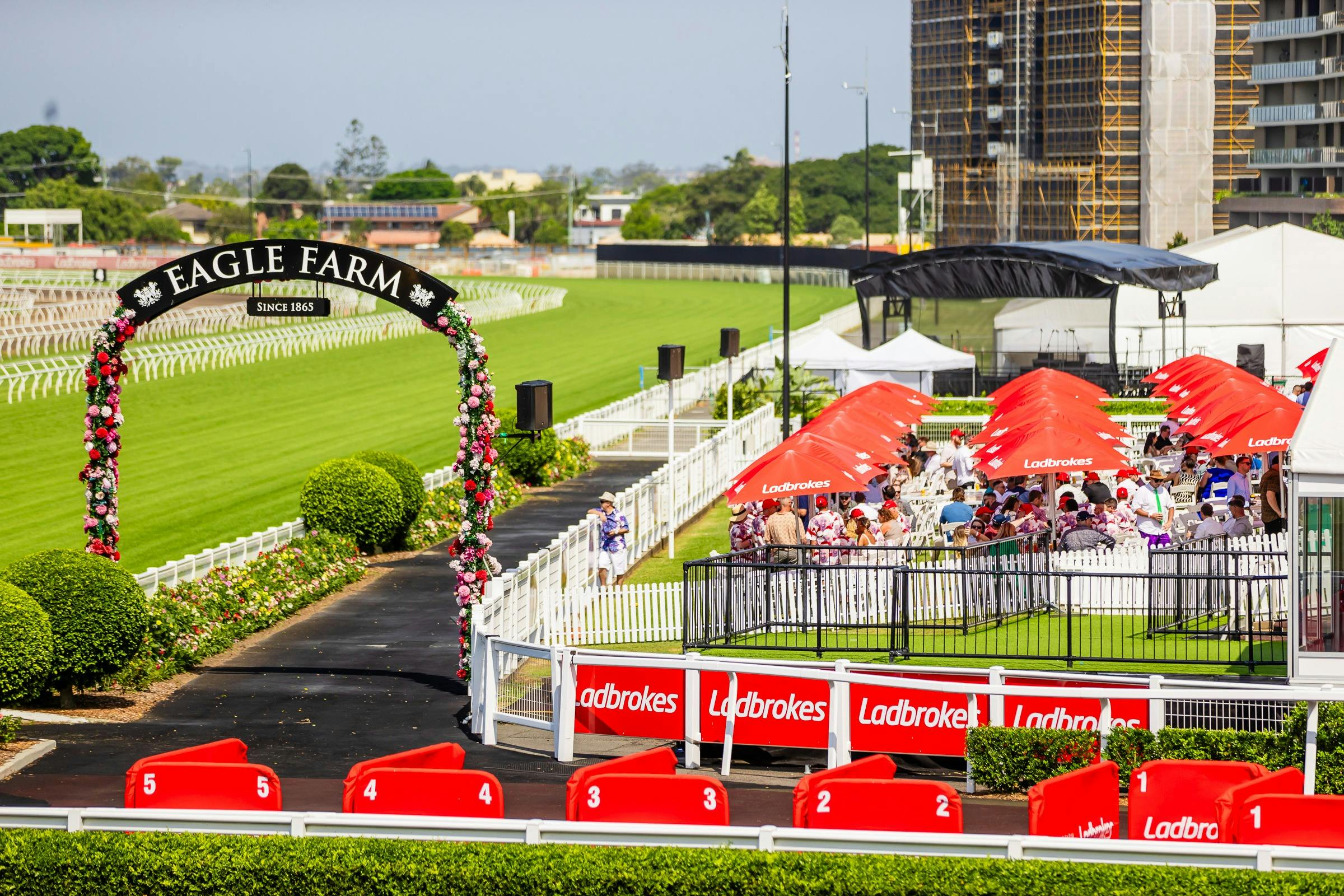 Eagle Farm horse walk with lawn tables visible