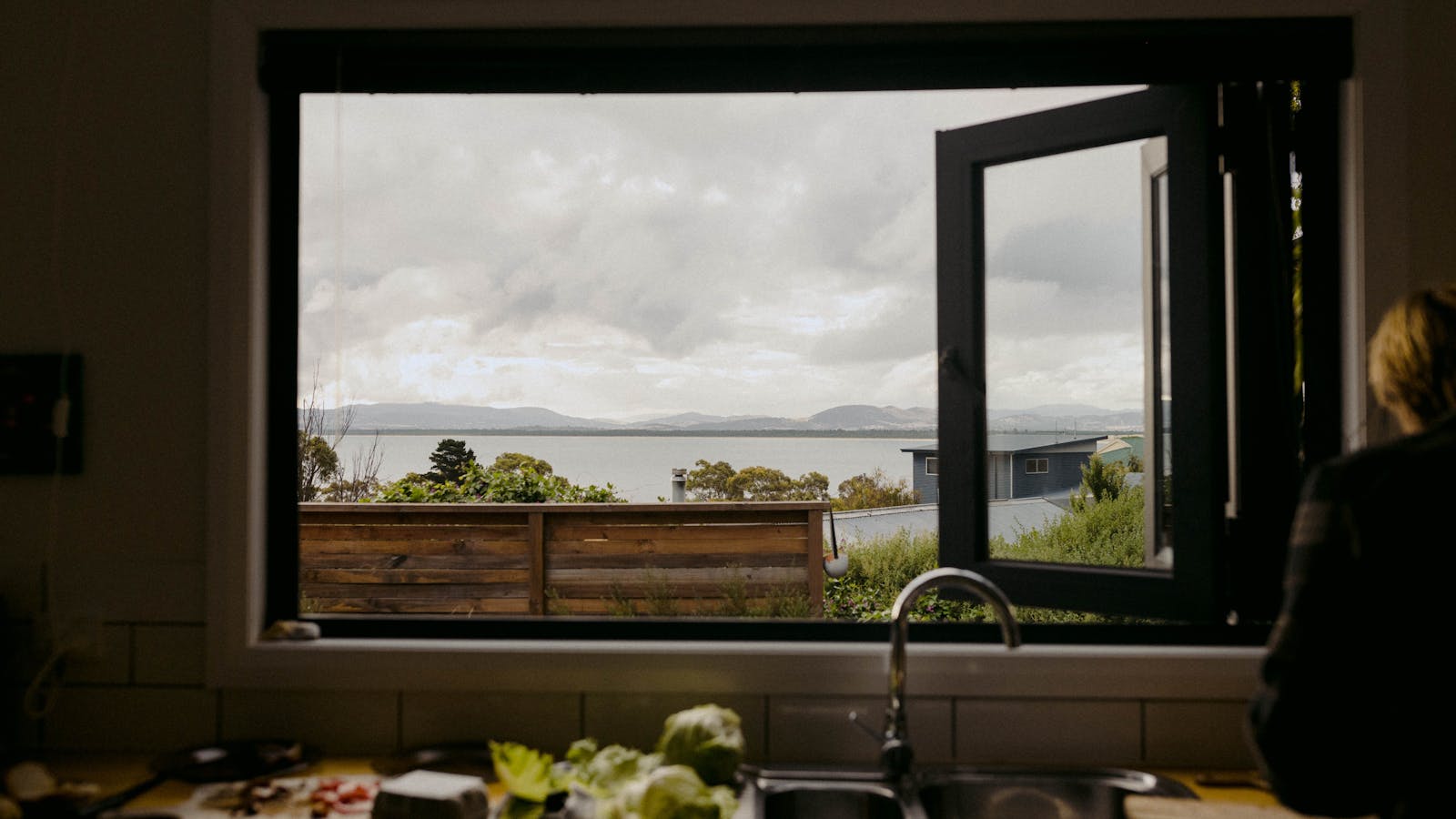 Kitchen view across Frederick Henry bay to Mt Wellingtion