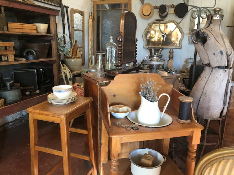 Various items including a wash stand, stool and dressmaker's dummy.