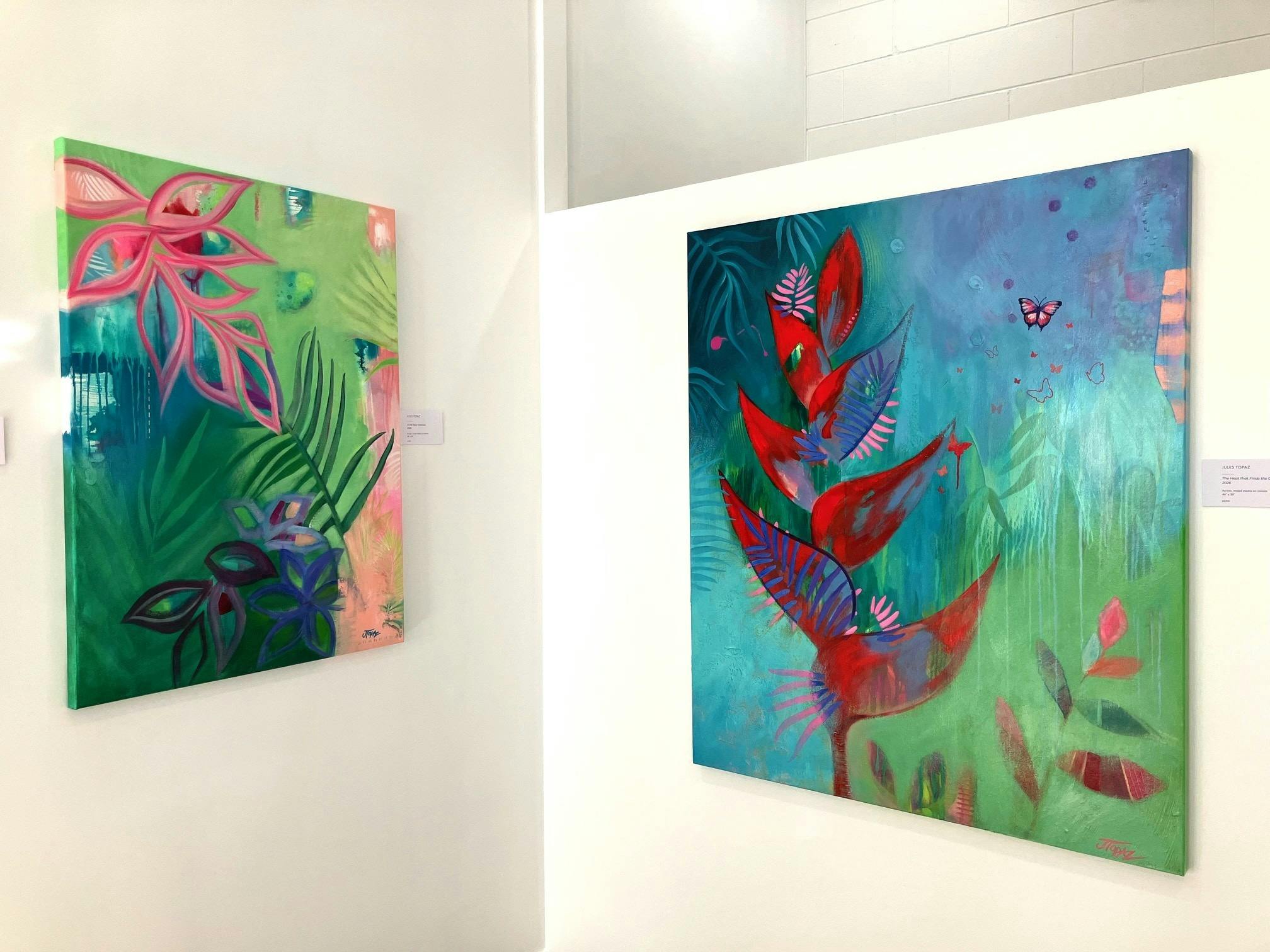 Vibrant, original, tropical abstract artwork displayed on our main gallery walls