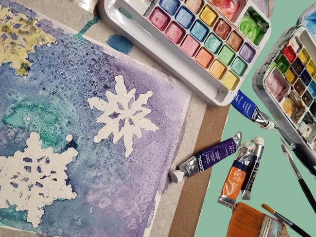 a blue, purple and green watercolour painting with metalic and bright watercolour palettes