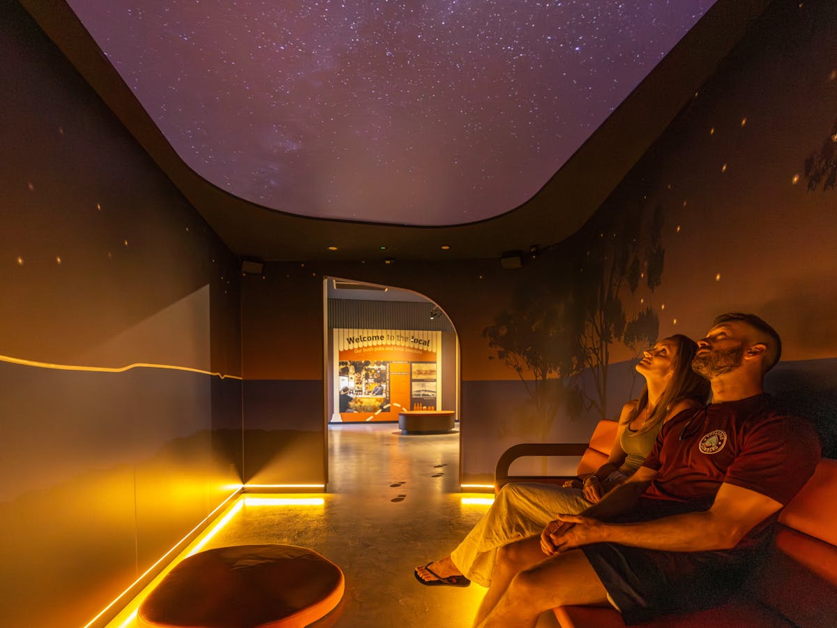 Couple sitting on couch looking at the ceiling which has a screen with a movie on the screen