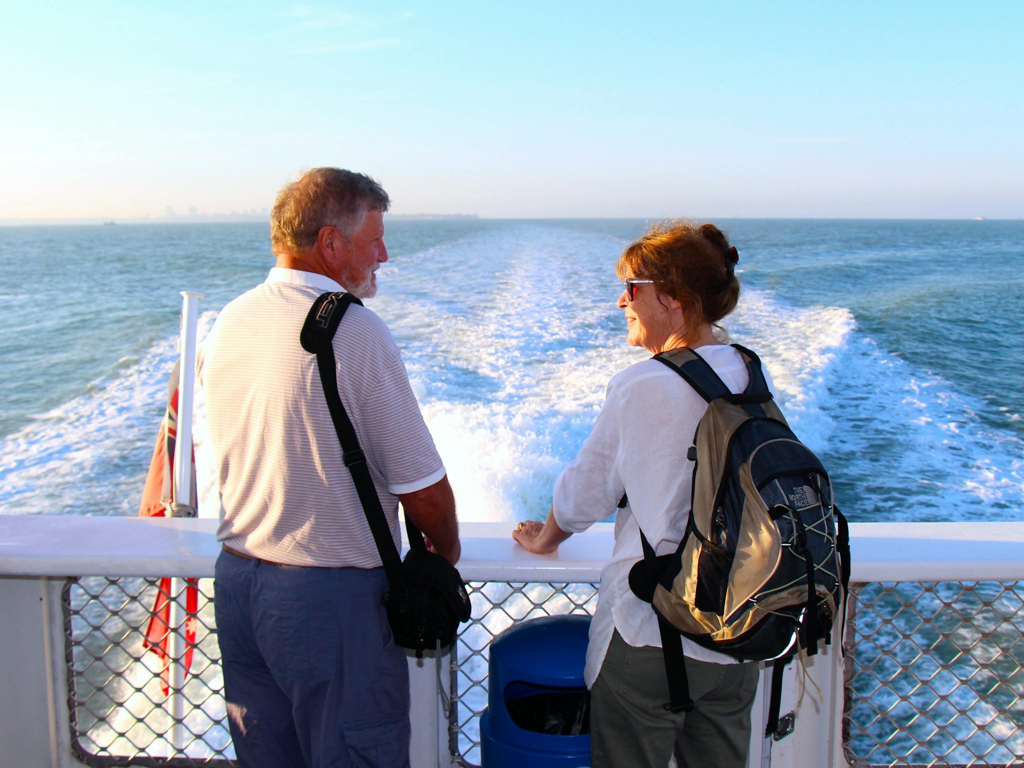 A couple of tourists on the ferry to the Tiwi Islands