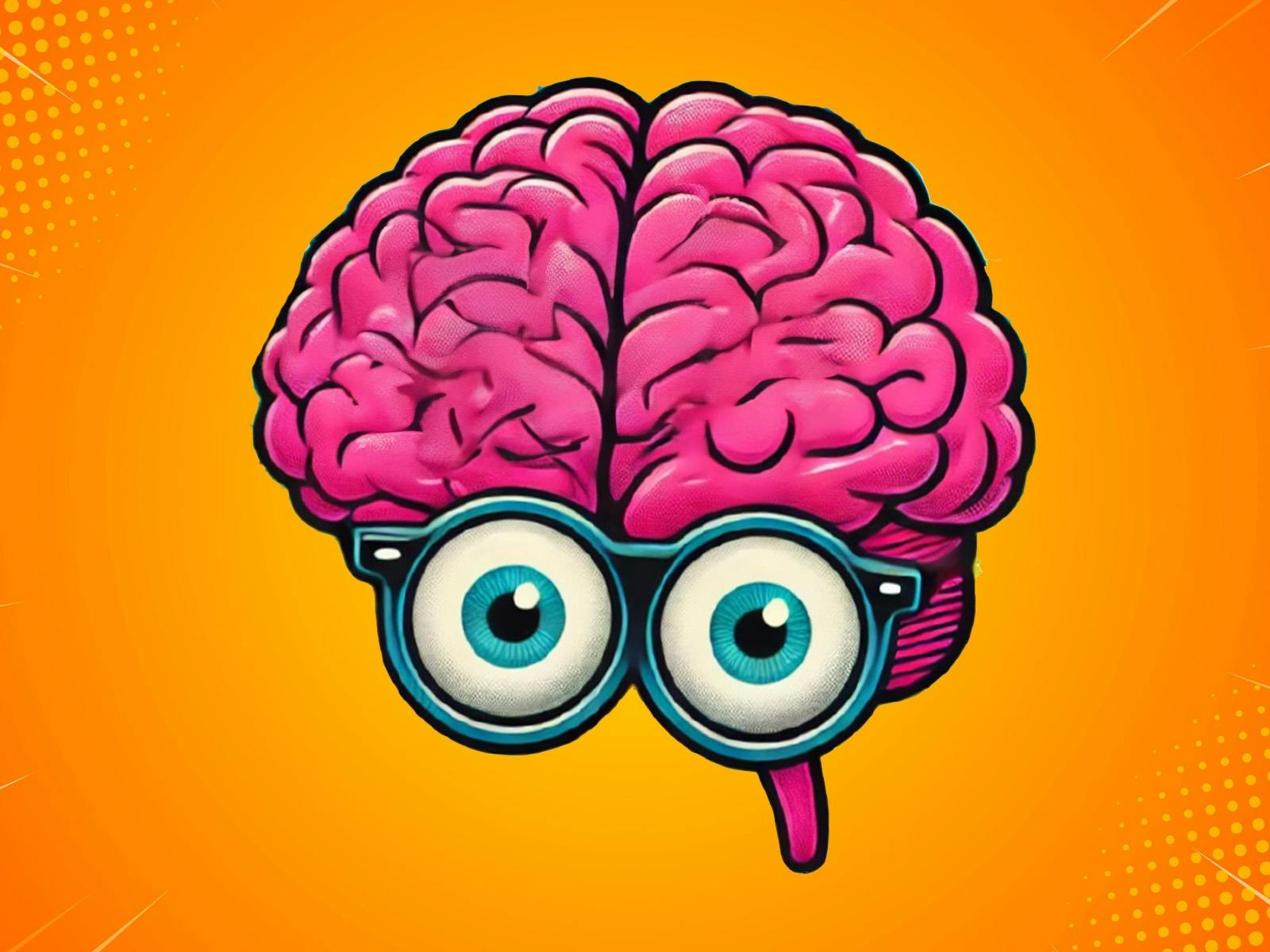 A cartoon brain with glasses and eyes in front of an orange background