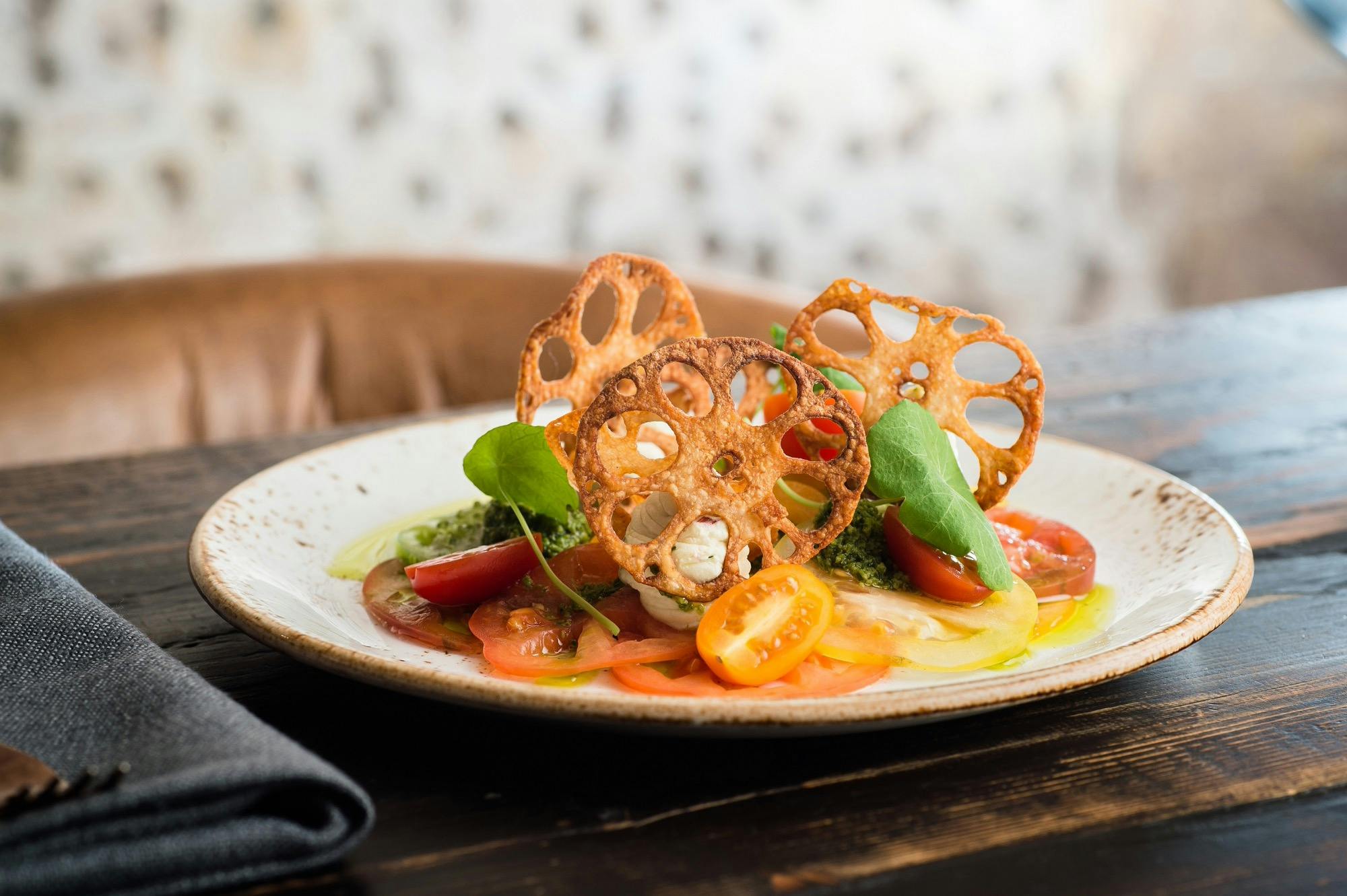 Plated food on wooden table