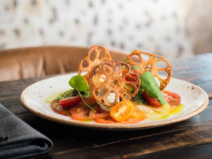 Plated food on wooden table