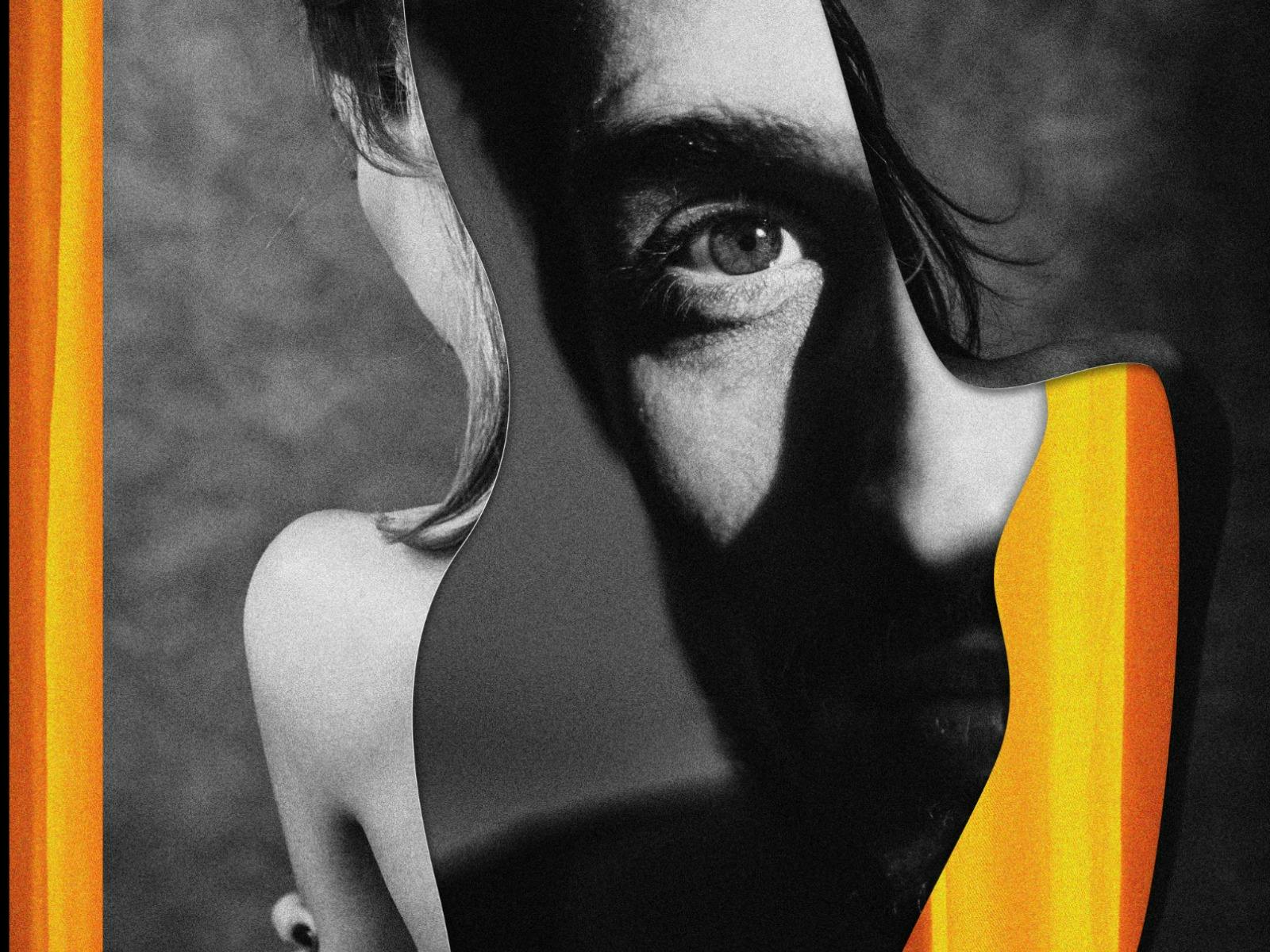 A black-and-white abstract portrait featuring a man’s face partially blended