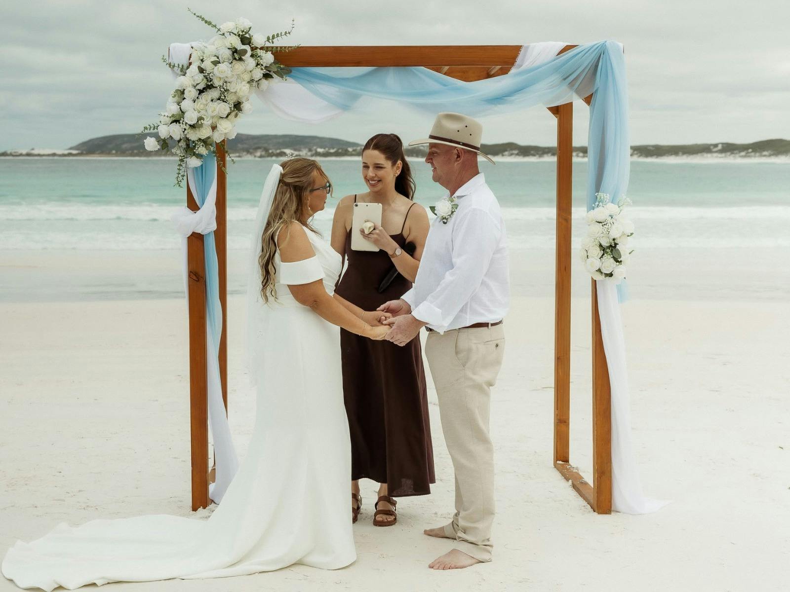 Wharton Beach Wedding with hired Ladder Top Arbour