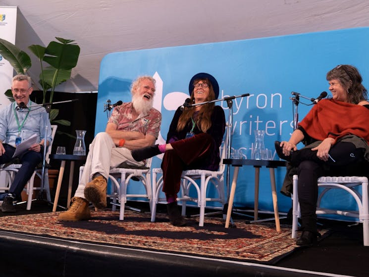 Bruce Pascoe and Bronwyn Bancroft share a laugh on stage