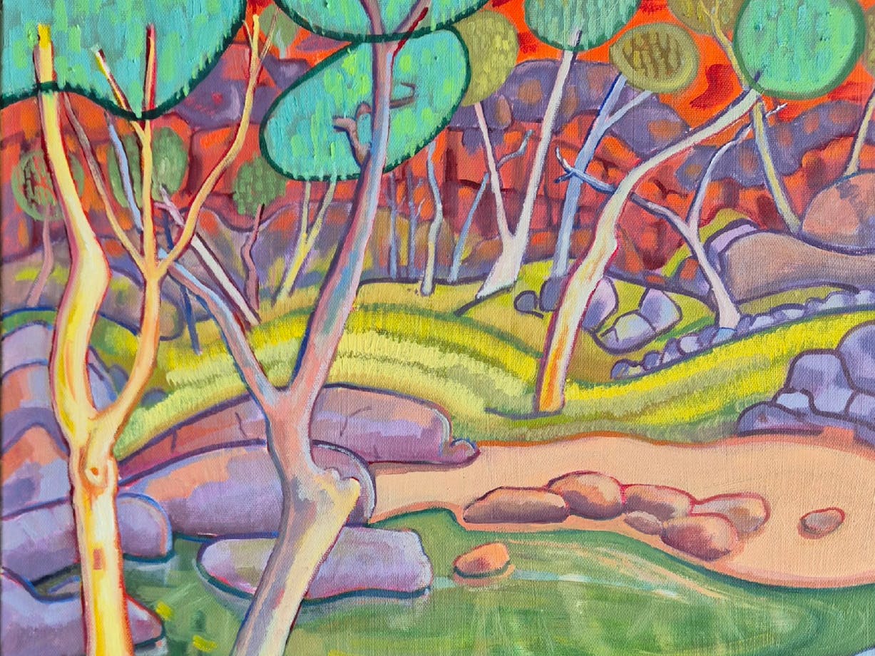 Twisty trees and hills with bright colours green, yellow, purple and red