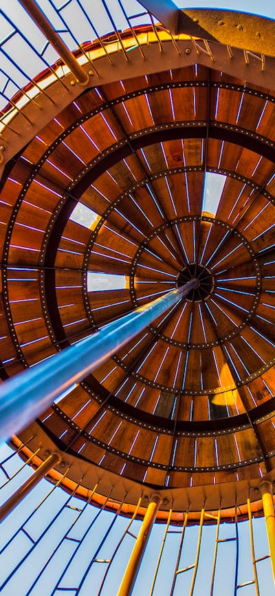 looking up from inside a playground acorn pod to see feature roof